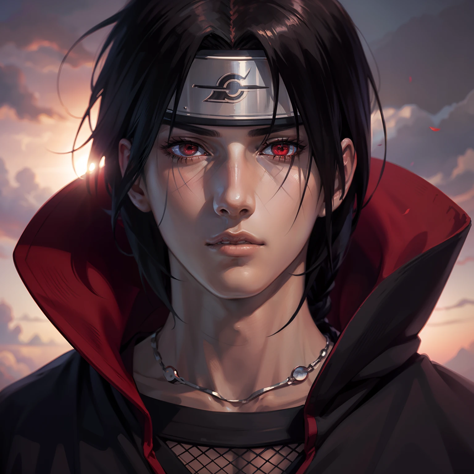 masterpiece, itachi uchiha, 1boy, perfect composition, super realistic, detailed, realistic face and body, in war, headband konoha