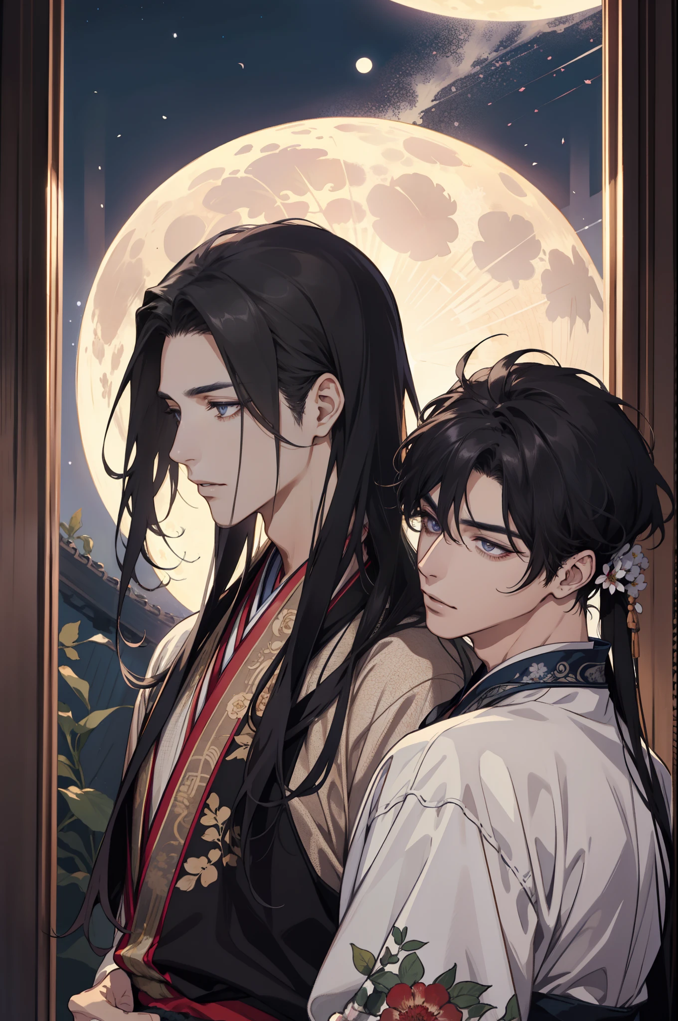 Two men..., attractive, lover, Finely detailed eyes and detailed face, long-haired, fantasy, Spectacular backgrounds, Fluttering flowers, Wearing traditional hanfu, Advanced details, moon light, secret, lament, Room