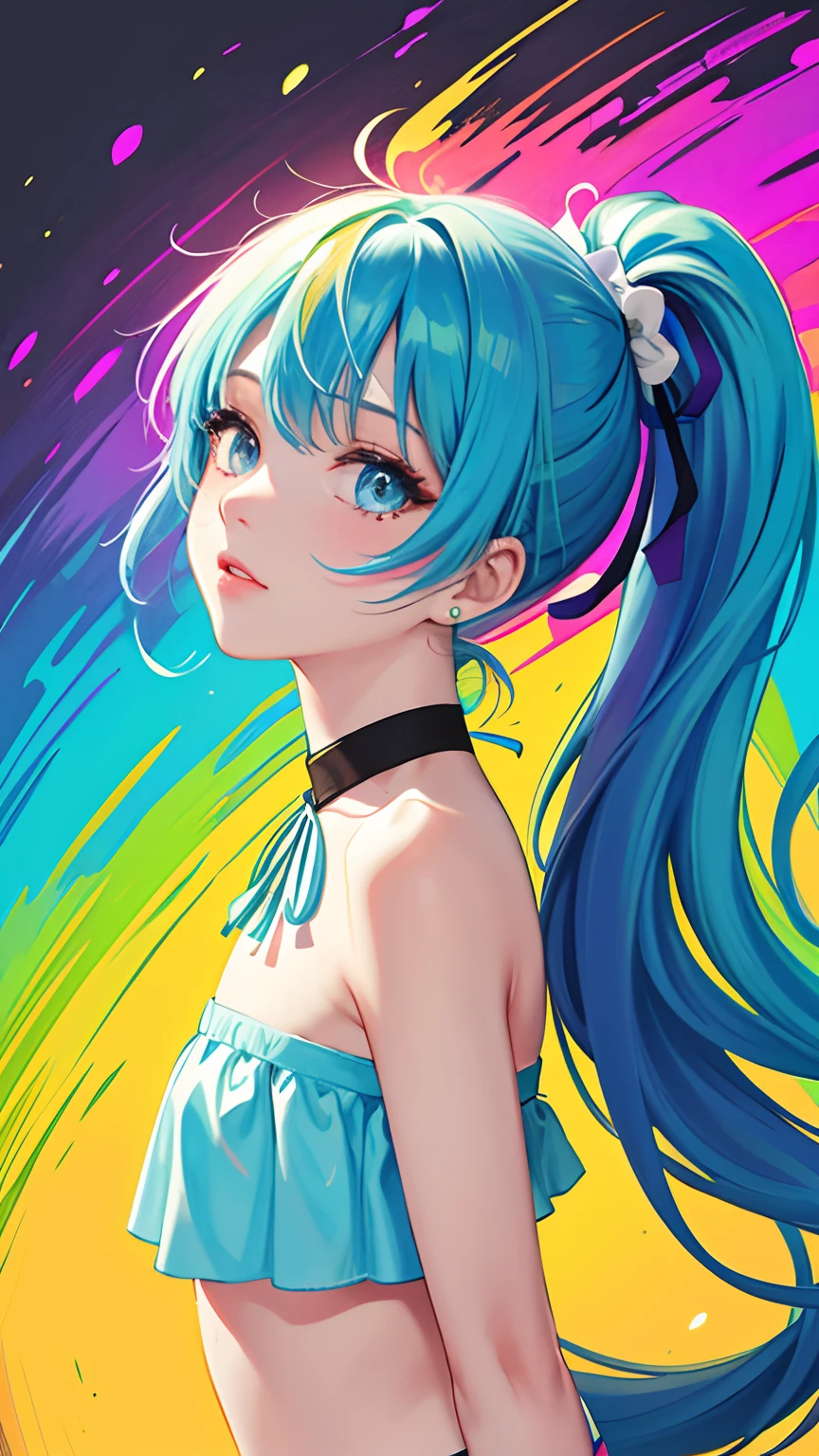 (Pink fashion T-shirt:1.9),(Colorful hair:1.8),(Rainbow all colors:1.8),((((Vertical painting:1.6))),(painting of a:1.6),frontage,comic strip,illustration,painting of a,largeeyes,crystal-clear,(rainbow color gradient high ponytail:1.7),Delicatemakeup,Keep one's mouth shut,(Small Fresh:1.5),(Bandeau:1.6),long eyelasher,looking at viewert,watery big eyes,(rainbow colour hair:1.6), color splash, (solo:1.8), color splash, color explosion, colour splash, color explosion, Thick lacquer style,Messy lines,((shining)) ,(colorful), (colorful), (colorful), colorful, Thick Paint Style, (Splash) (Color Splash), Vertical Painting, Paint Splash, Acrylic Pigment, Gradient, Paint, Highest Image Quality, Highest image quality, Masterpiece, Solo, Depth of Field, Face Paint, (ellegance: 1.2), opulent, long whitr hair, ventania, (ellegance: 1.3), (petals: 1.4),(((masterpiece))),(((Best quality at best))),((ultra - detailed)),(illustratio),(dynamic angle),((floatking)),(Paintwork),((Loose hair)),(solo),(1girl) , (( (Detailed anima face))),((Beautiful detailed face)),collars,exposed bare shoulders,whaite hair,((The color hair)),((Striped hair)),Beautiful detailed eyes,(Gradient color eyes),(( (Colored eyes))),(((coloured background))),(((high saturated))),(((Surrounded by colorful splashes))),