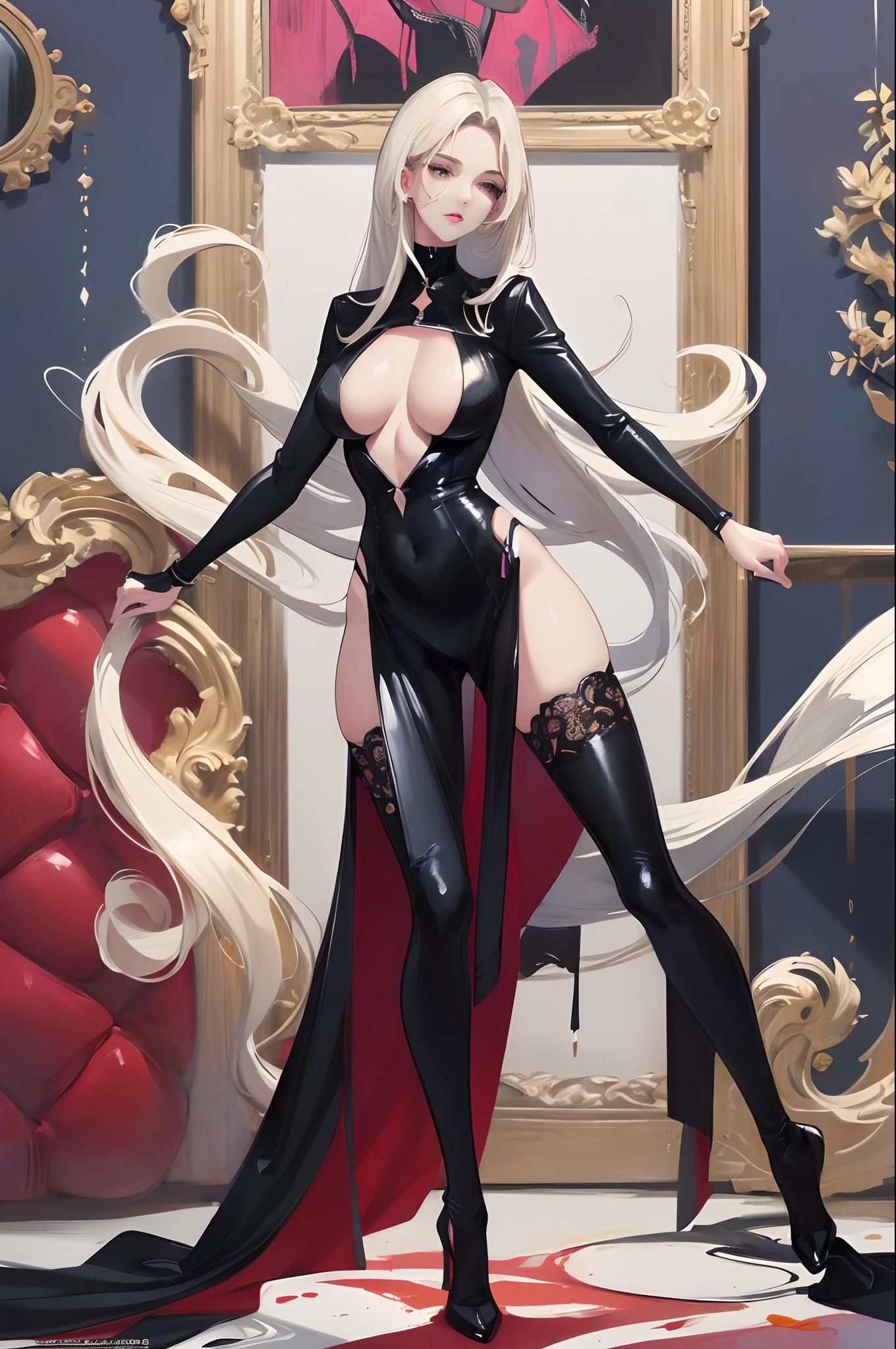 Illustration art, painting art,Full body like, Whole body movement, Sexy woman in sexy clothes, Female boss, Very cool facial expression, Gorgeous background, Great sexy art, painting art, Sexy art, Detailed body part details,Inspired by J.c.Ryan Decker, Epic European and American illustrations, Tall, The whole body is evenly sexy