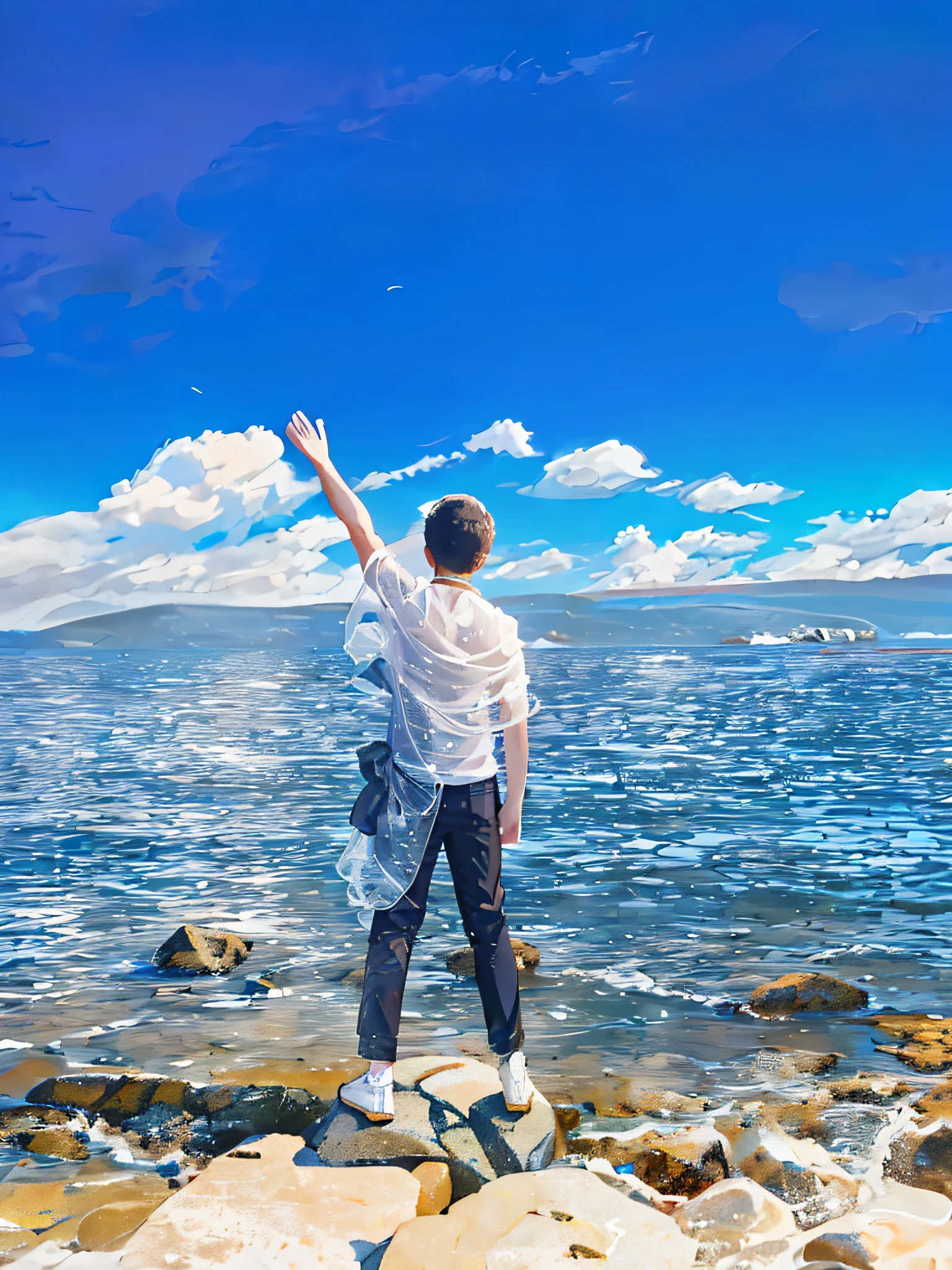 Arabi stood on the rocks in front of the sea,arms out, standing on the sea side, standing next to water, the ocean in the background, standing on water, the ocean in the background, background is heavenly, artistic pose, justin sun, standing in a lake, standing on the rock, pointing to heaven, standing at the beach