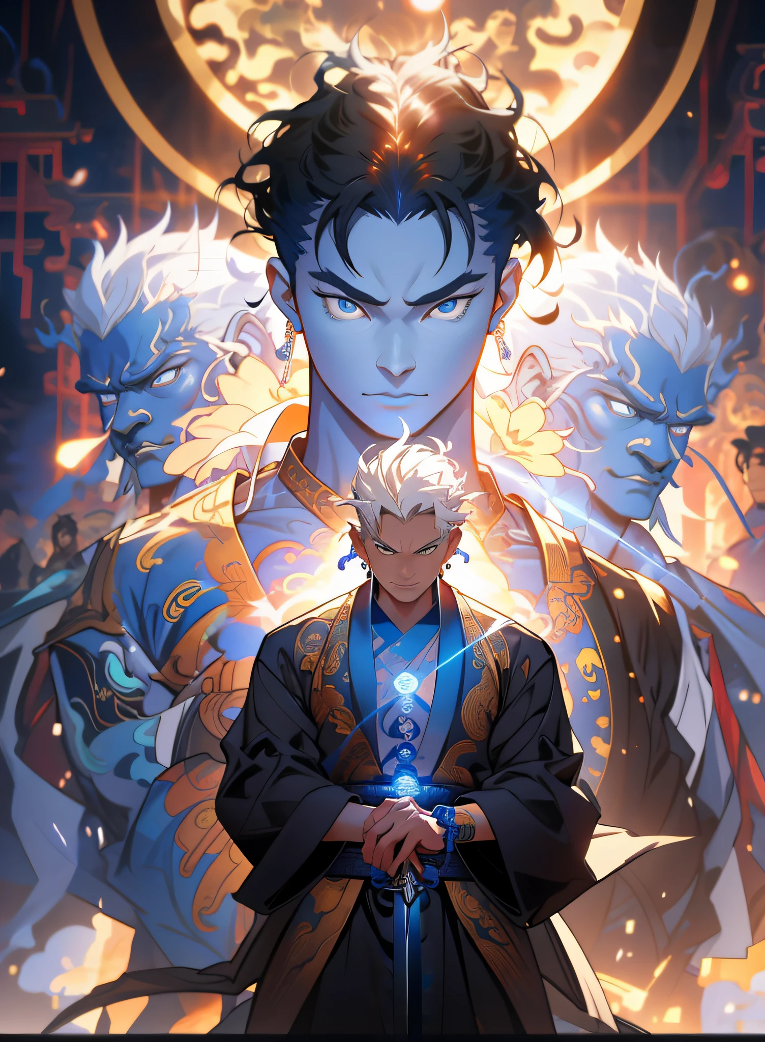 A Disney character stands in front of a blue-glowing Buddha statue,Show his arms,playstation 5 screenshot,chinese paintings,close-up intensity,Zhong Fenghua,kazuki takamatsu,Han Young-ho,God Ray,Master of Sunshine,looking at the camera in,3Drenderingof,ZBrush,rendering by octane,8K,best qualtiy