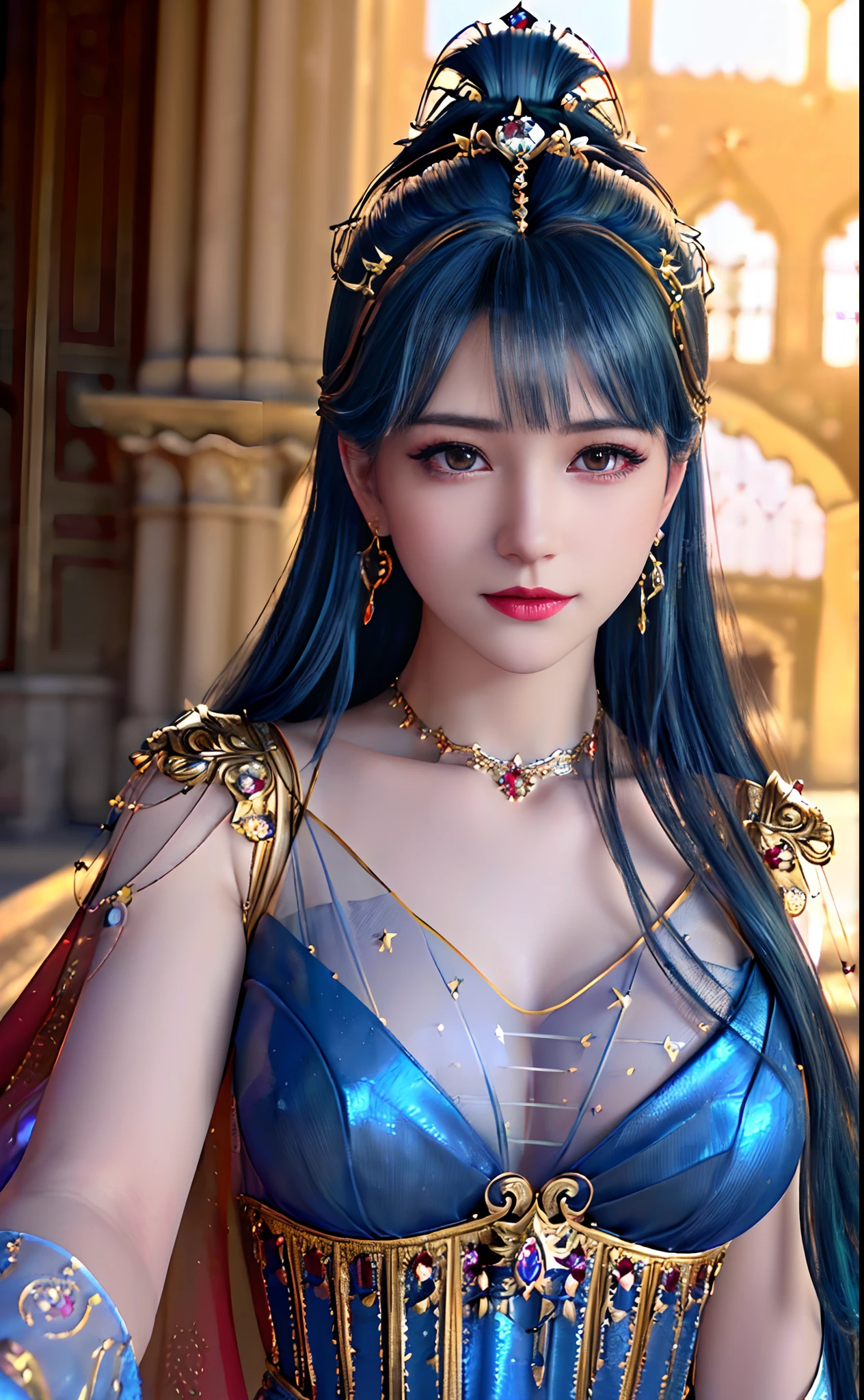 ((realisticity: 1.2)), ((best resolution: 8K UHD)), best quality,masterpiece,highres,cg,
((1 super detailed and super realistic girl)), ((very beautiful queen dazzling, super realistic, and super detailed)),((white skin, beautiful, smooth, youthful, super realistic and super detailed
)), long hair, ((super realistic and super detailed dress)), solo, ((super realistic, super beautiful, gorgeous and super detailed jewelry)), ((super beautiful, super realistic and super detailed dark red and golden yellow dress)),
((super beautiful, super realistic, super detailed diamond filled earrings)),
((super beautiful, super realistic and super detailed diamond filled hair ornament)), ((super beautiful upper body, super beautiful, super realistic and super detailed)), ((big breasts: 2.5)),
((super grand, super realistic and super detailed royal palace backgroun))
((super beautiful, super beautiful, super realistic and super detailed hair bun)), ((super beautiful, super realistic and super detailed blue hair)),
candid, Photograph, high resolution, 8k,Bokeh,
