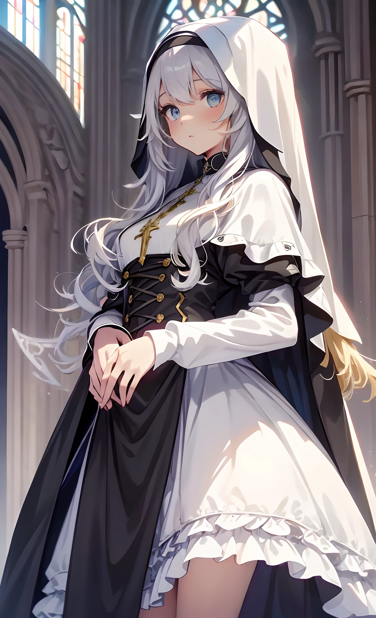 best qualityer，tmasterpiece，Ultimate resolution，downy，Extremely colorful，Colorful，saintess，silver-white long hair，curlies，a matural female，Crop topping，Nun dress，The kinky is exposed，cathedrals，Sanctuary，Normal posture