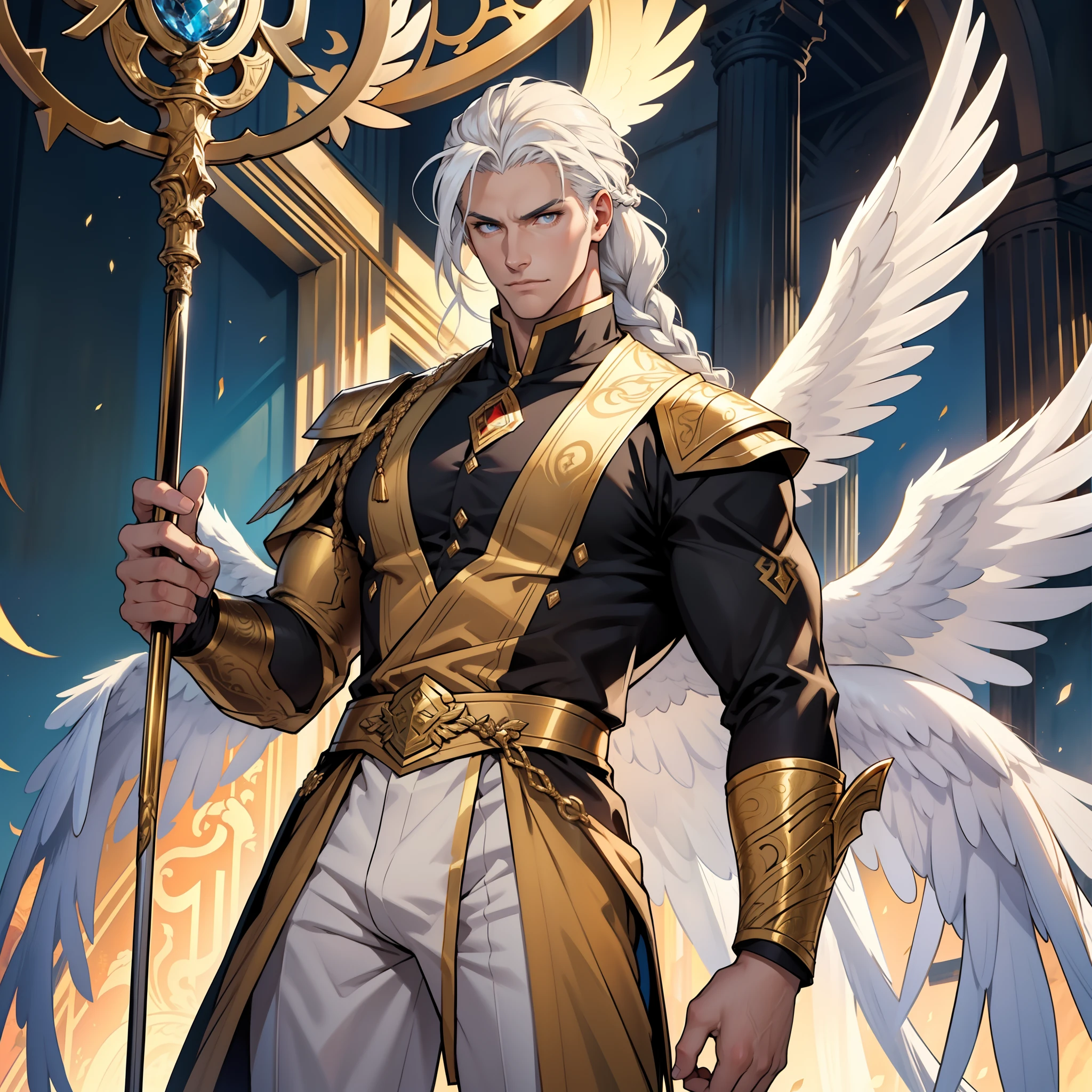 Caius is a handsome male, stands at 7ft tall. He has an athletic body structure. He wears royal attire thats silver and gold. He has beautiful long white silky hair and a golden eye color. He is seen with a staff. He has huge white wings. A big bulge in his pants. White Phoenix human form. His hair is braided back. Portrait. Bara. Roman nose. Muscular. Defined jawline