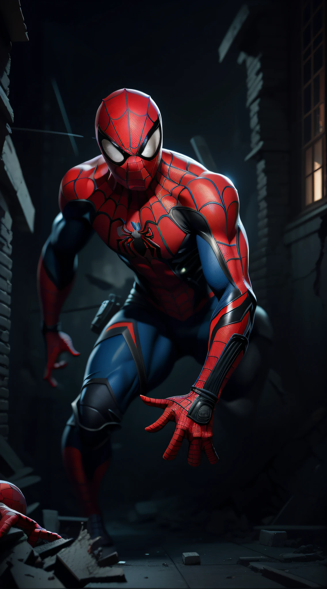 hyper HD, Masterpiece, Anatomically correct, ccurate, Textured skin, Super detail, High quality, High details, Award-Awarded, Best quality, A high resolution，Spider-Man stands on the ruins of destruction,