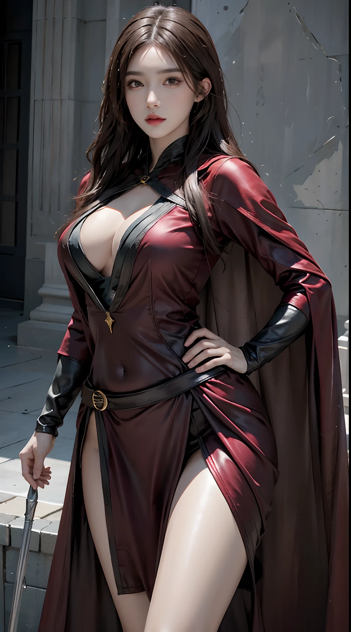 photorealistic, high resolution, 1women, solo, hips up, look at viewer, (detailed face), superhero costume, cloak