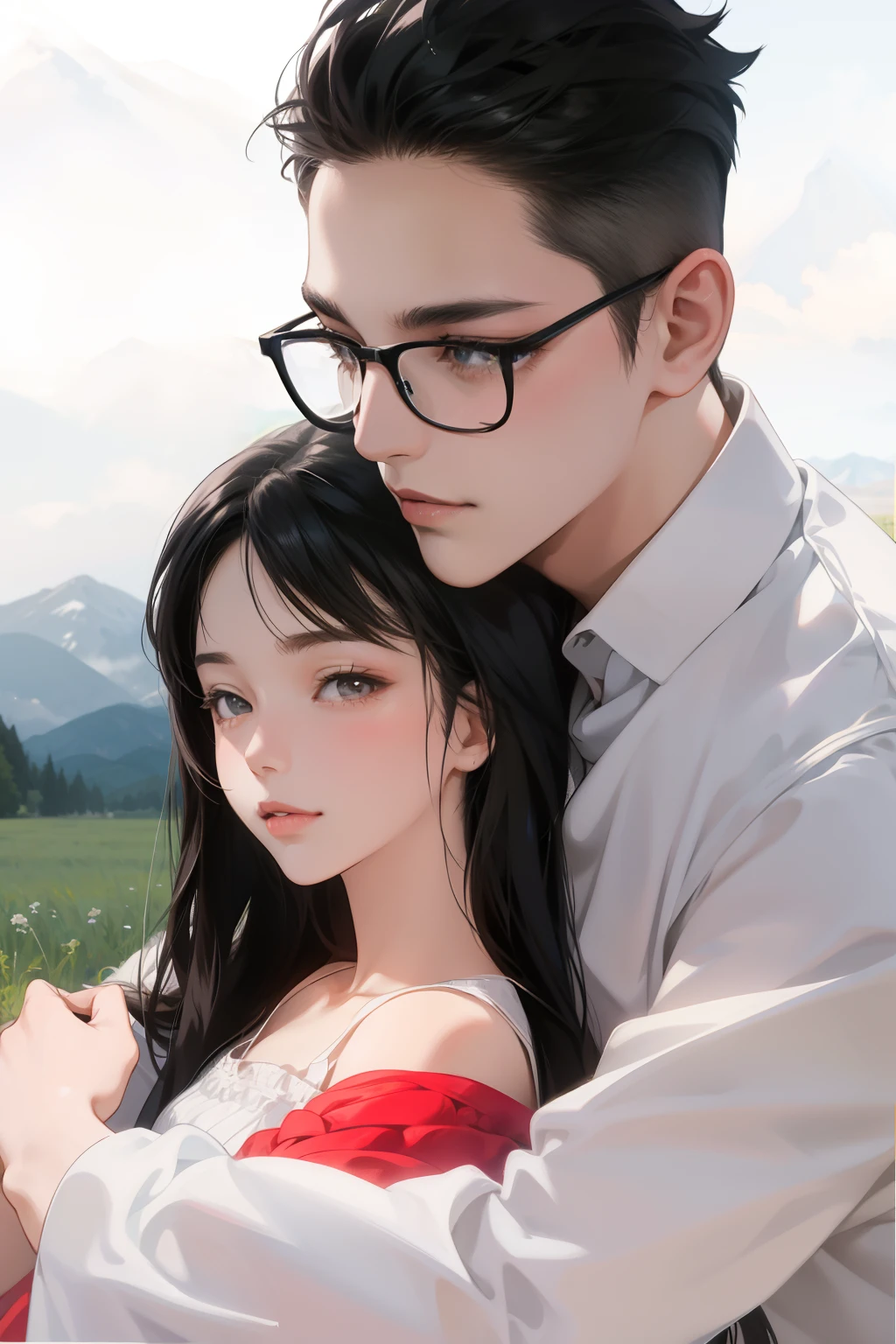 anime couple hugging each other in a field with mountains in the background,Kawaii realistic portrait, a beautiful anime portrait，right structure