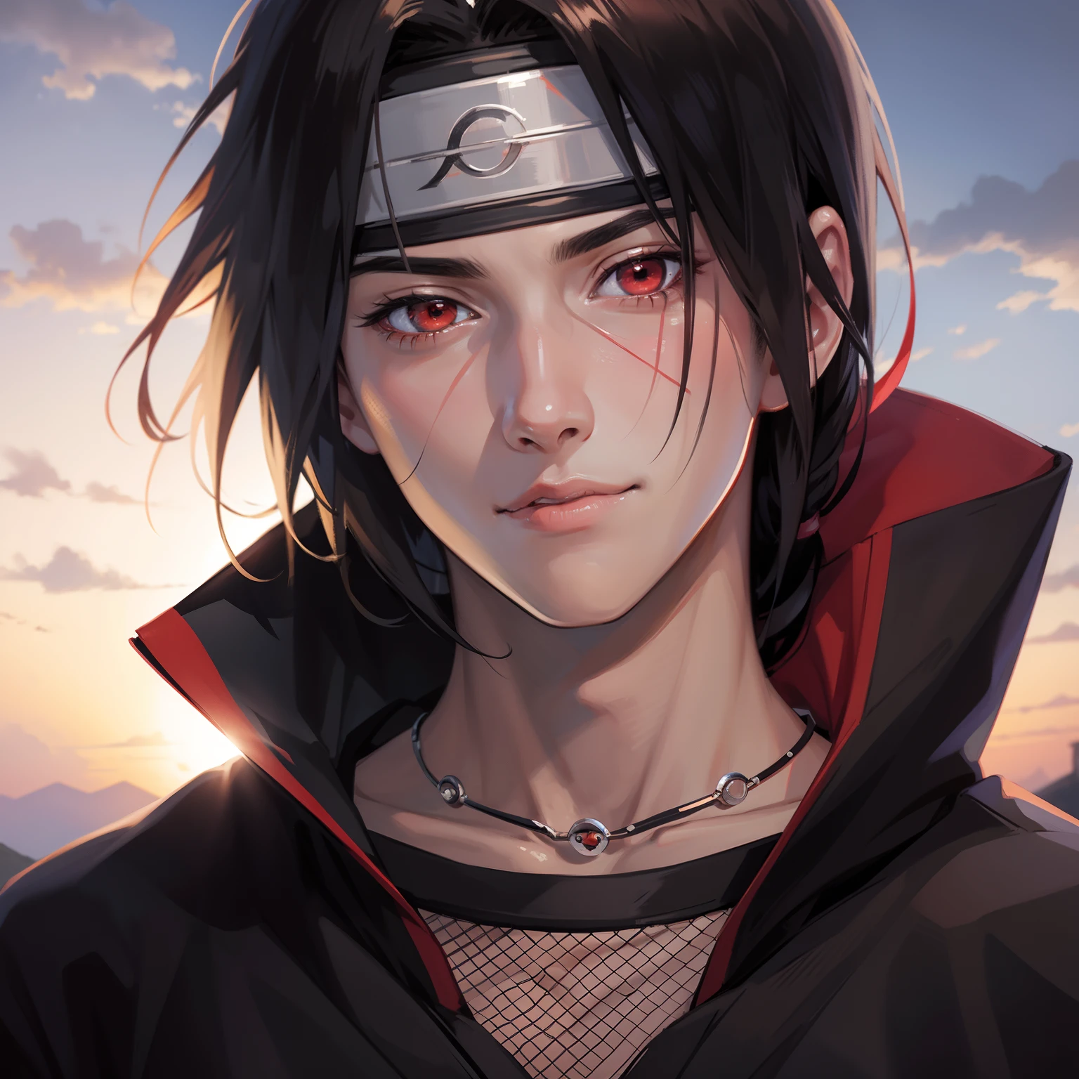 masterpiece, itachi uchiha, 1boy, perfect composition, super realistic, detailed, realistic face and body, sad smile. Headband konoha