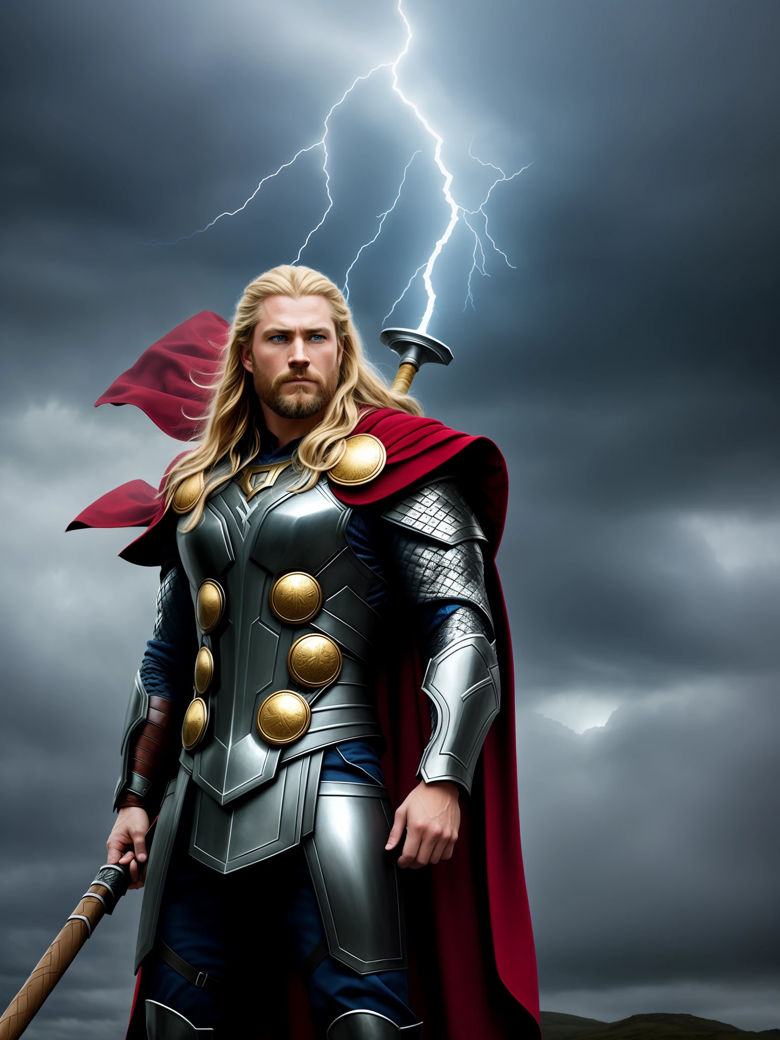 A stunning hyper-realistic illustration of Thor, The Mighty Norse God of Thunder. Appears standing brandishing his legendary hammer Mjölnir. Thor es representado como un hombre alto y fuertemente musculoso, con largo cabello y barba roja. Lleva puesta una armadura vikinga completa con un yelmo alado ornado. Silver armor has intricate runic engravings and gold details. His red cloak flutters heroically behind him. His fierce gaze is a piercing electric blue.. Lightning erupts from the raised hammer as Thor prepares to enter battle. The sky is covered with dark storm clouds and thunder rumbles in the background. The image has dramatic epic lighting and is illustrated in a realistic and fantastic style..