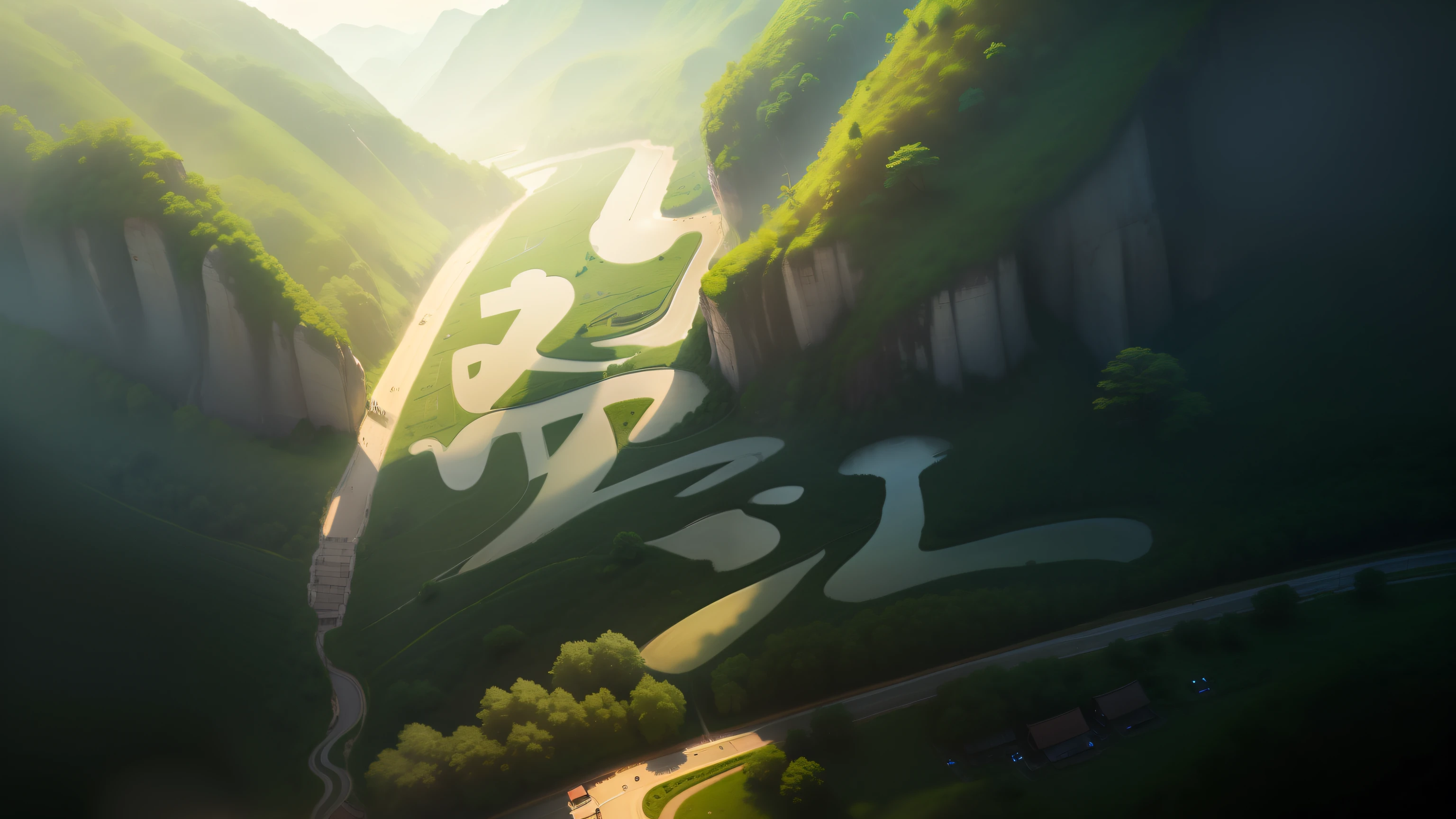 (Ultra wide-angle lens), (Best masterpiece), 8K, An ancient Chinese town nestled in mountains and hills, with lush trees, verdant leaves, murmuring streams. The visuals are exquisite and beautiful, brimming with sunshine.(white background:1 .5),white background,outside border