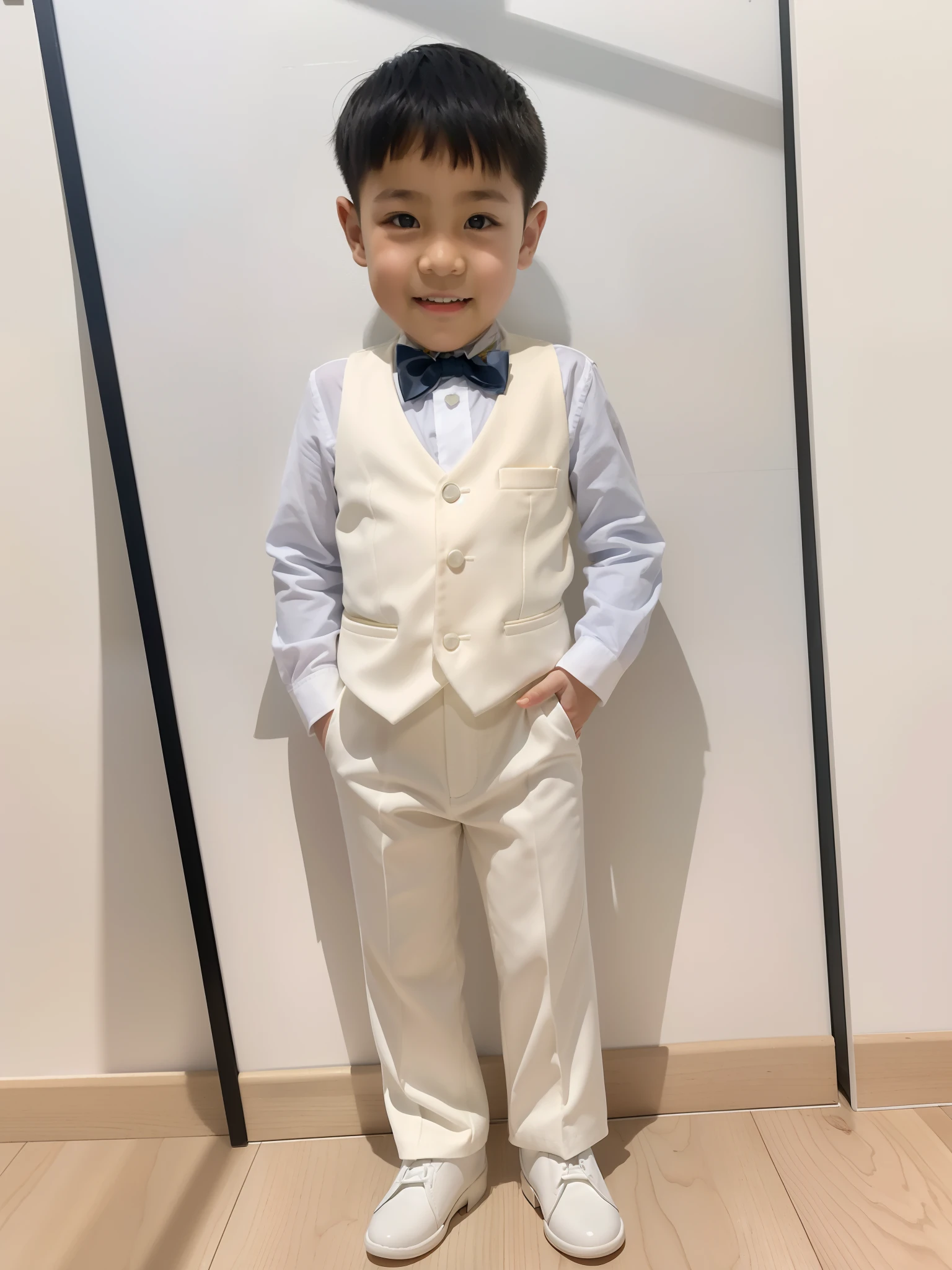 Modern style, White background, Boy Photos, handsome, The boy smiled., Black eyes, Flat head, bow tie, Luxury Jobs, natural light,