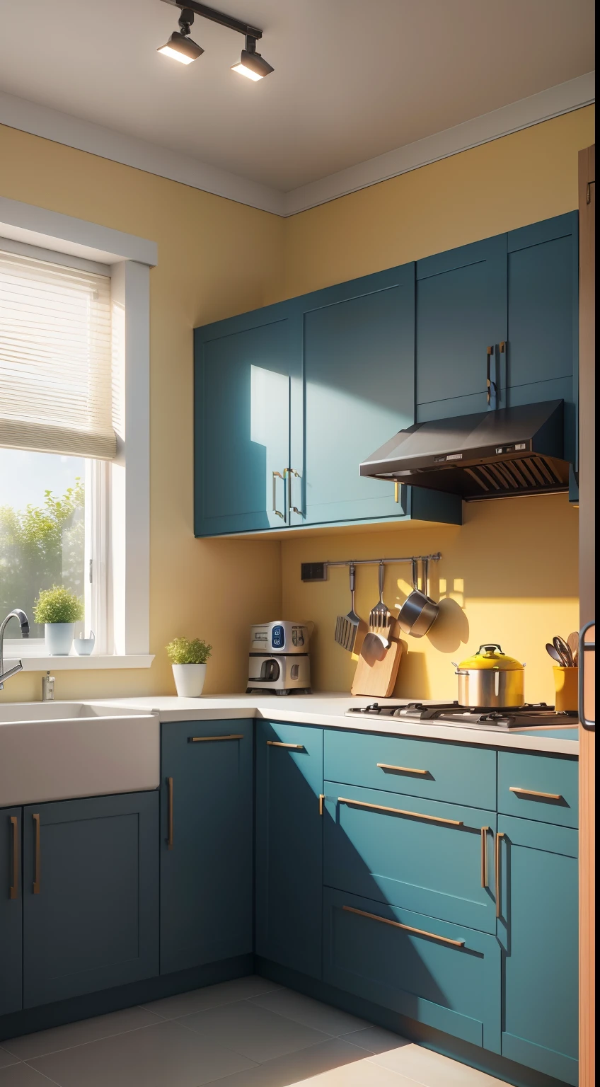 The modern kitchen is decorated with natural light and shades in a blue and yellow color scheme Reality 1:1 With 135 kitchen as the main background，Actively pay attention to grass, Warm color warm color cartoon offset printing C4D 3D blender