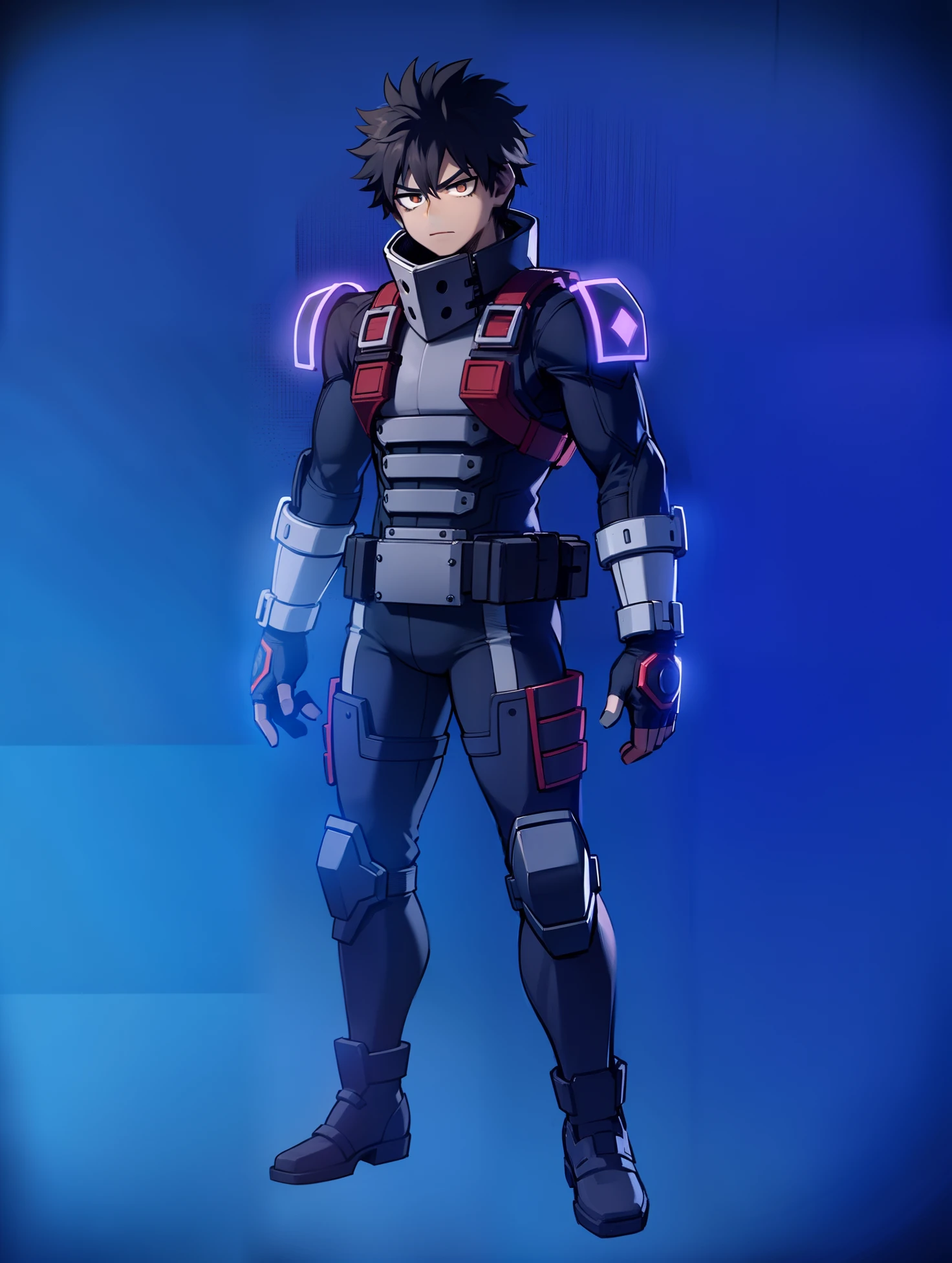 My Hero Academia style, anime boy, male, young male, trending on artstation pixiv, (full body shot:0.5), Masterpiece, fullbody suit, Hero costume, purple suit, black knee pads, black elbow pads, black knee pads, black shin pads, black ankle boots, black gloves, head covering, hooded head, black hood, brown eyes, Dark-skinned male, Brown Skin, background, black background, double tone background, purple background,