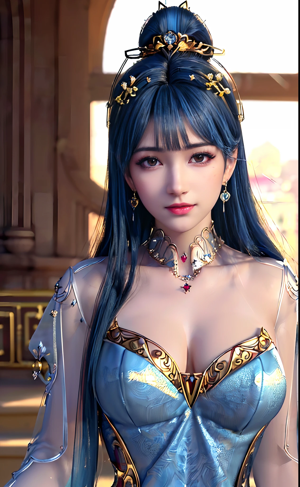 ((realisticity: 1.2)), ((best resolution: 8K UHD)), best quality,masterpiece,highres,cg,
((1 super detailed and super realistic girl)), ((very beautiful queen dazzling, super realistic, and super detailed)),((white skin, beautiful, smooth, youthful, super realistic and super detailed
)), long hair, ((super realistic and super detailed dress)), solo, ((super realistic, super beautiful, gorgeous and super detailed jewelry)), ((super beautiful, super realistic and super detailed dark red and golden yellow dress)),
((super beautiful, super realistic, super detailed diamond filled earrings)),
  ((super beautiful, super realistic and super detailed diamond filled hair ornament)), ((super beautiful upper body, super beautiful, super realistic and super detailed)), ((big breasts: 2.5)), 
((super grand, super realistic and super detailed royal palace backgroun))
((super beautiful, super beautiful, super realistic and super detailed hair bun)), ((super beautiful, super realistic and super detailed blue hair)),
candid, Photograph, high resolution, 8k,Bokeh,