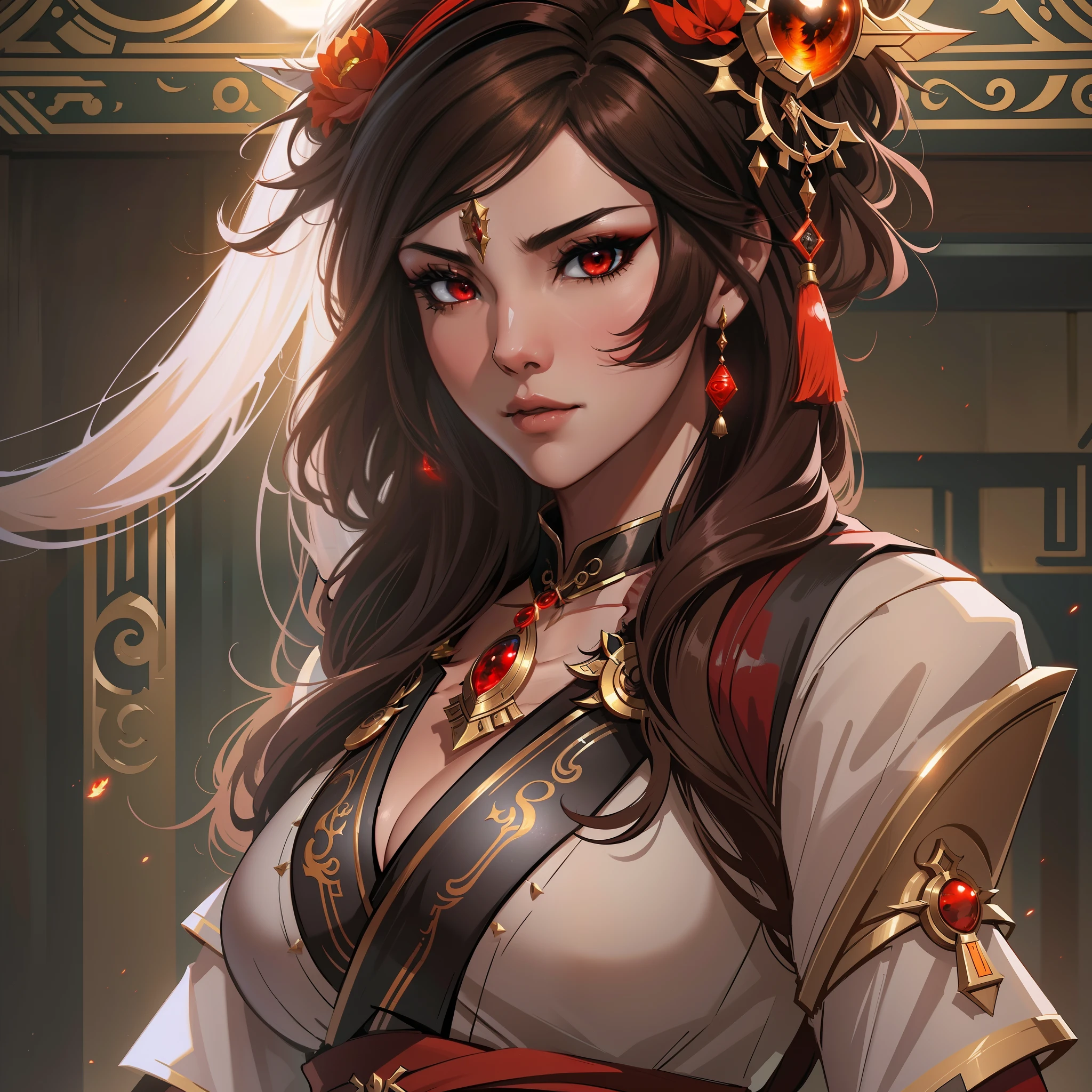a close up of a strong amazon woman in her 30's, with red eyes and brown hair, wearing a black and red belly dancer attire, a heroine with red eyes, female mage with sun power, middle-eastern princess, standing in a middle-eastern temple, new costume concept design, in the style of blade and soul, full body character concept, detailed character design, inspired by Yang Jin, inspired by Li Mei-Shu, chinese costume, inspired by Lan Ying, inspired by Sim Sa-Jeong, inspired by Li Tang, lunar themed attire, costume with orange accents, inspired by Ju Lian, colored concept art, highly detailed character design, highly detailed face, inspired by Ai Xuan, very highly detailed face, unreal engine render, final fantasy 14 style, inspired by Leng Mei