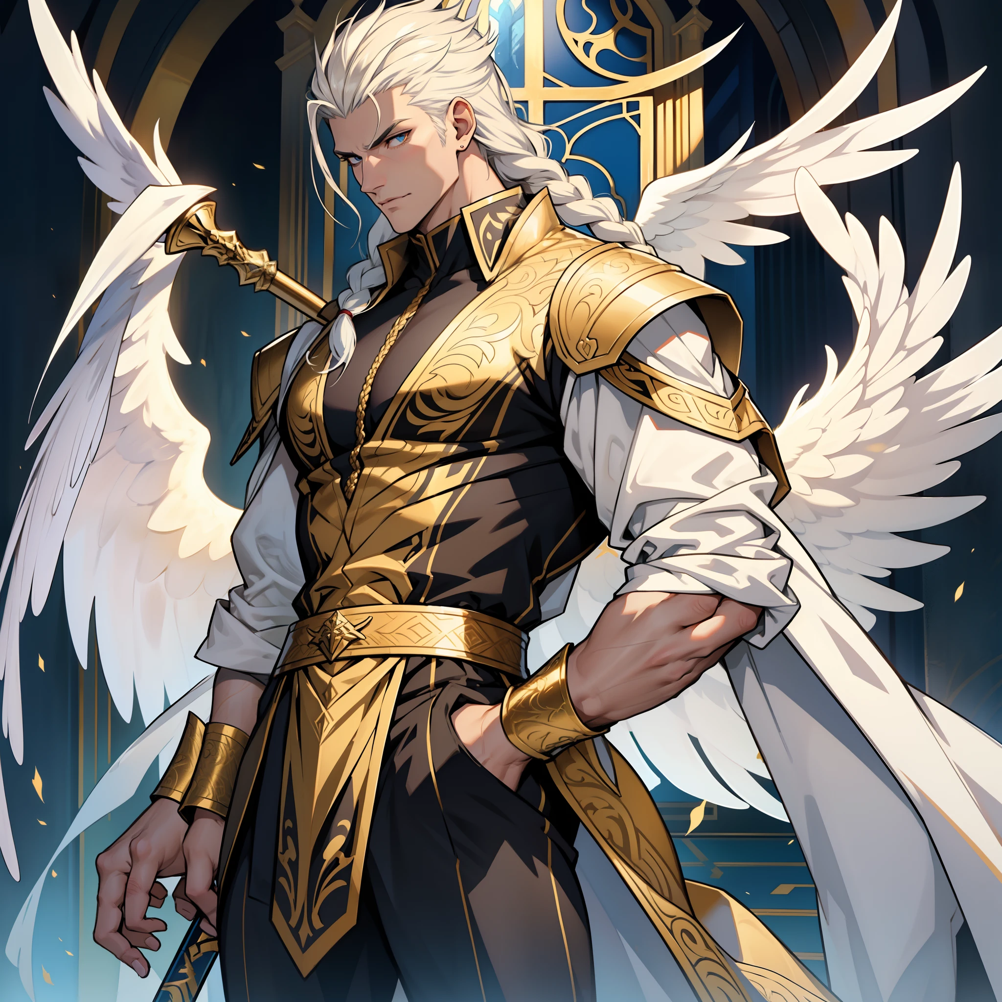 Caius is a handsome male, stands at 7ft tall. He has an athletic body structure. He wears royal attire thats silver and gold. He has beautiful long white silky hair and a golden eye color. He is seen with a staff. He has huge white wings. A big bulge in his pants. White Phoenix human form. His hair is braided back. Portrait. Bara. Roman nose. Muscular. Defined jawline