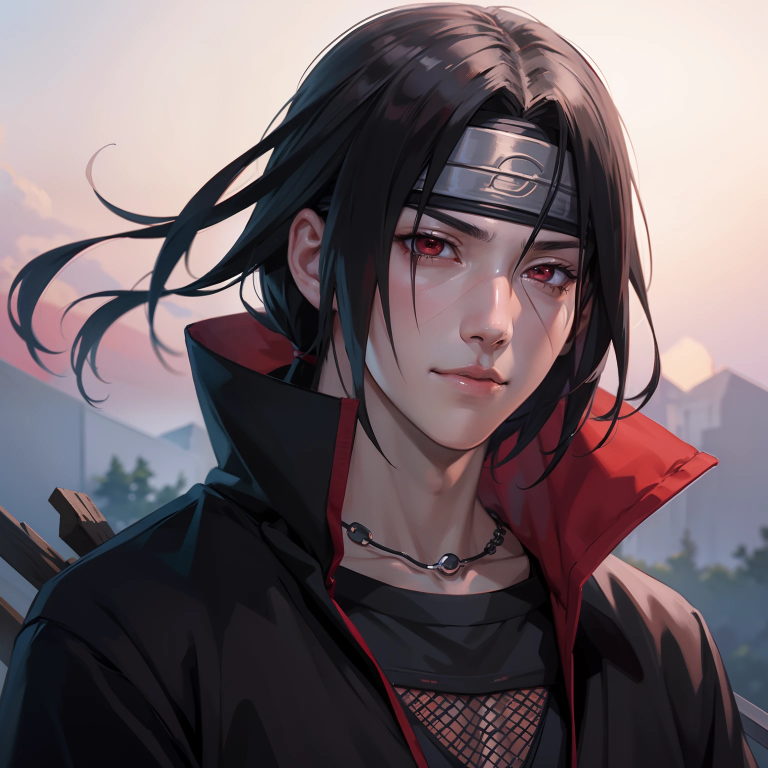 masterpiece, itachi uchiha, 1boy, perfect composition, super realistic, detailed, realistic face and body, sad smile. Headband konoha