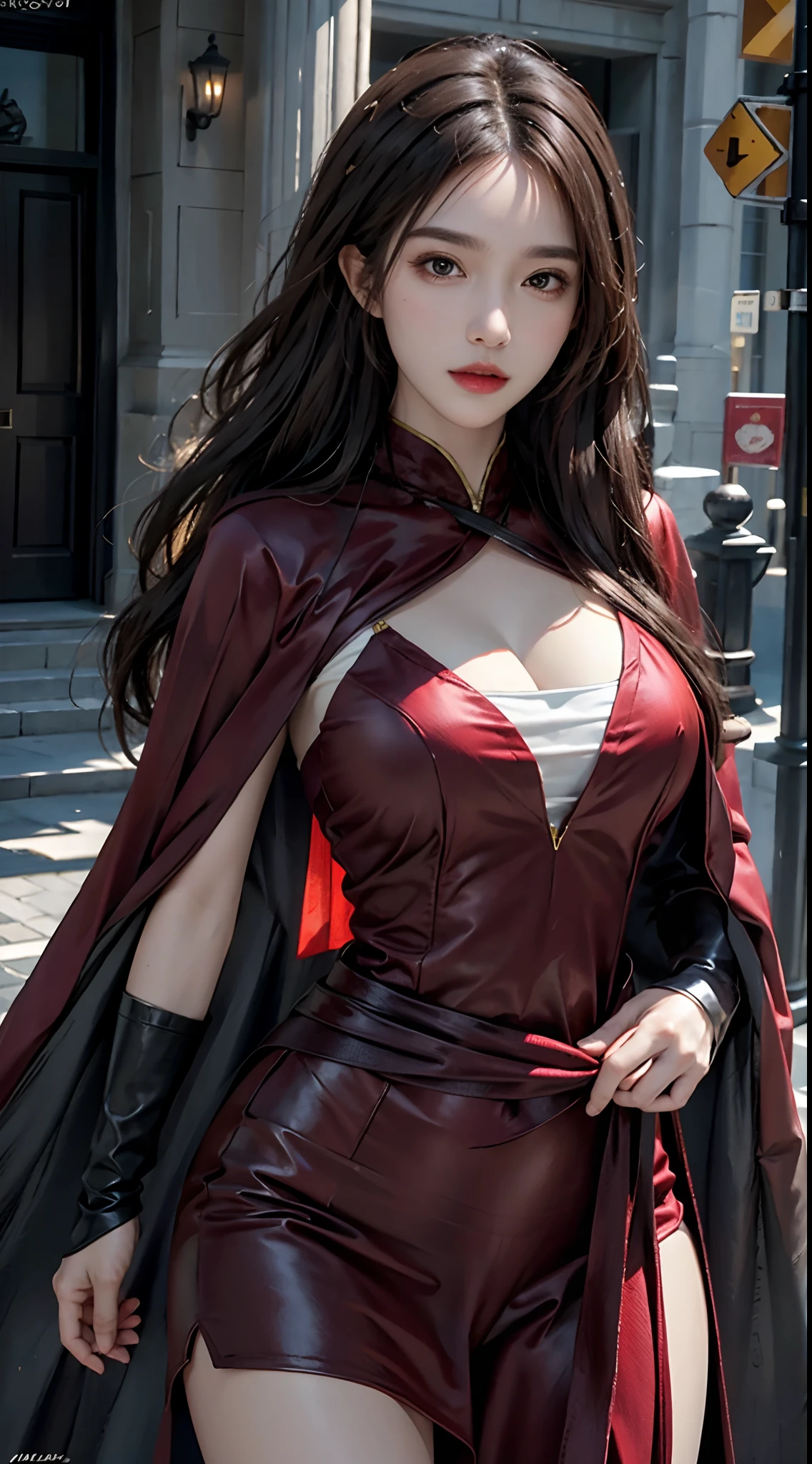 photorealistic, high resolution, 1women, solo, hips up, look at viewer, (detailed face), superhero costume, cloak