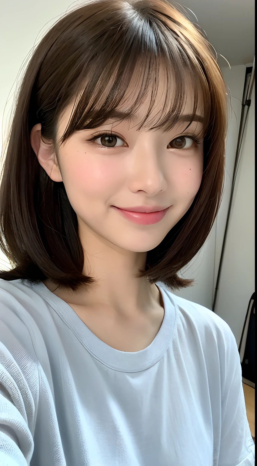 (8K、Raw photography、top-quality、masuter piece:1.2)、ultra-detailliert、ultra res、(realisitic、rialistic photo:1.37)、portlate、high-definition RAW color photography、Professional Photography、highly detailed and beautiful、ighly detailed、8K Picture Wallpaper、amazing detailed、huge filesize、Official art、Highly detailed CG Unity 8K wallpapers、highly detailed beautiful girl、extra detailed face、extremely detailed eye、highlydetailed skin、extremely detailed fingers、highly detailed nose、very detailed detailed mouth、Perfect Anatomy、highly detailed back ground、Highly detailed clothing、 1 人、(18:1.2)、Teete little us Japan idol、cute little、Realistic body、小柄、de pele branca、glistning skin、Slim body、Handsome body、brown haired、short constricted curly hair、(Blunt bangs:1.2)、A smile、kawaii、zora々Right、kawaii faces、Lifelike face、Delicat eyes、Sauce order、White T-shirt、skirt by the、耳Nipple Ring、Looking at the camera、cowboy shot、front facing、Standing、Contrapo, high street, public, 动态照明,short-hair、bobhair