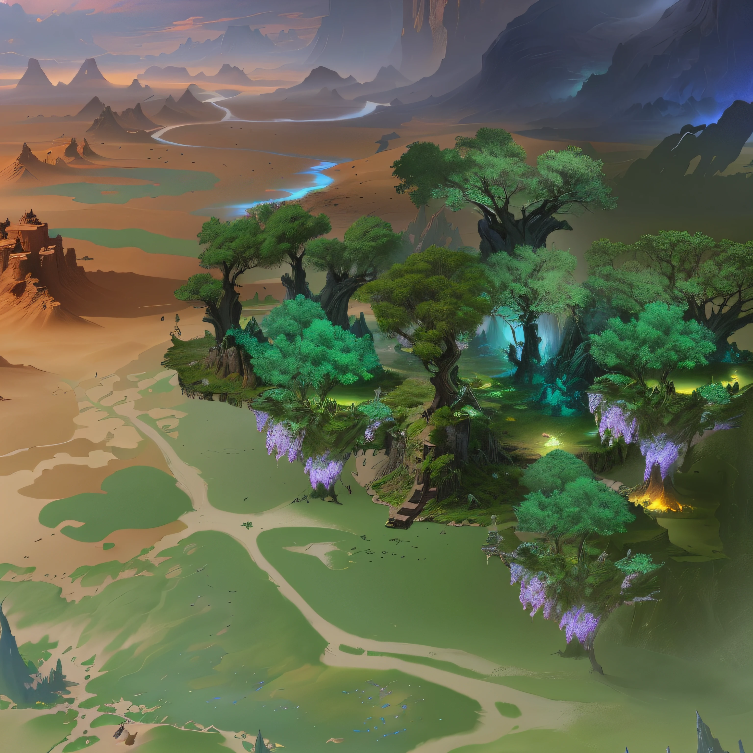 There is a digital painting of an island in the middle of the desert, painted as a game concept art, matte painting arcane dota pixar, Stylized concept art, made of tree and fantasy valley, velly distant forest, Detailed environment, dota matte painting concept art, fantasy plains, dota! matte painting concept art, game map matte painting, concept world art