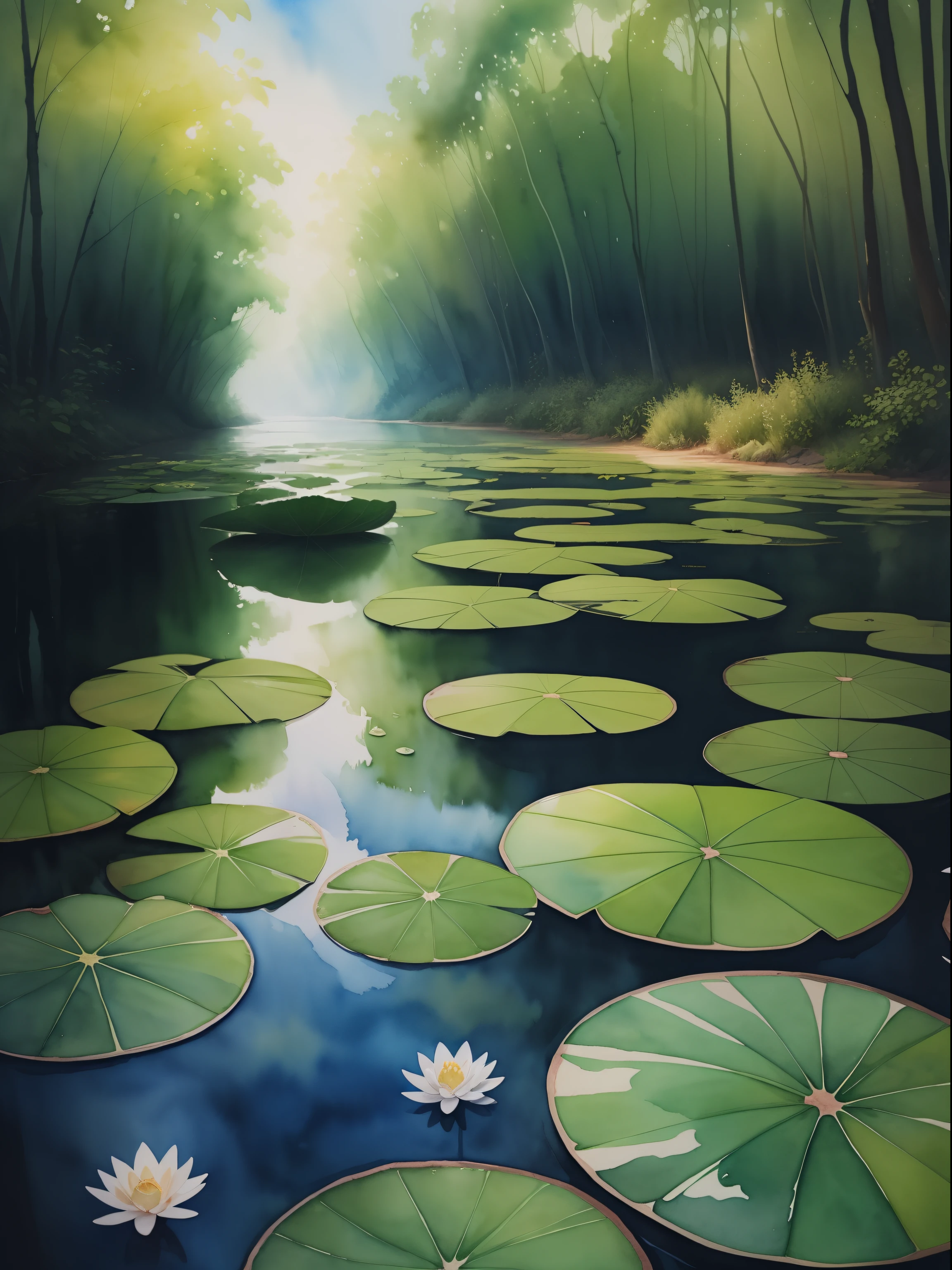 (masterpiece, 4k, top quality), illustration, (watercolor:1.1), a beautiful bond brimming with nature, lilly pads, absurdres,watercolour painting
