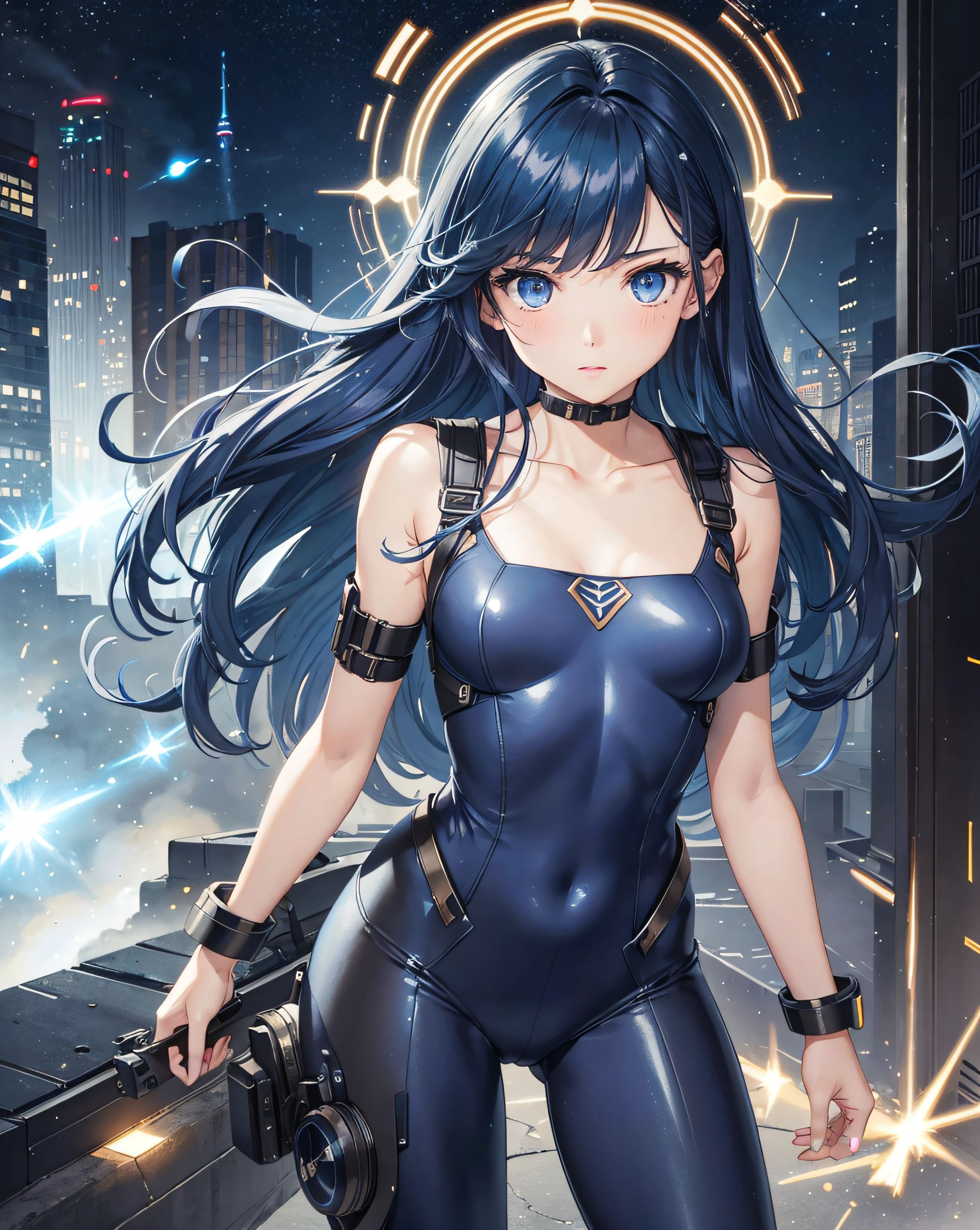 BREAK、1girl in、独奏、looking at the viewers、(young cute beautiful 18-year-old girl:1.1)、3D顔、beautiful a girl、beautiful countenance、cute little、Girlface、Kpop Idol、super model、Stunning innocent symmetrical face、(Hands of Guido Daniele)、Perfect body、Medium Breasted、Slim waist、Slim legs、(High Detail Skins:1.2)、radiant eyes、goddes、natural skin textures、shinny skin、de pele branca、beautifull detailed face、A detailed face、Authentic skin texture、Cute delicate face、finerly detailed face、the golden ratio、Golden Ratio Face、Expressive eyes、face perfect、flawless skin、Clear face、shinny hair、Proper body proportions、perfect anatomia、realistic skin textures、luscious lips、shiny lips、Natural makeup、Beautiful bright pupils、Slender figure、intricate eyes、Detailed pupils、 finely detailed face and eyes、long eyeslashes、red blush、Good Hand、perfect hand、Clean face、beautiful female bodies、Fine fine skin、oily shiny skin、(((((Mechanical halo、Star Hello、Complex mechanical bodysuit、Navy blue and black bodysuit、full armor、(Colorful glow floating:1.2)、(Energy Beam:1.3)、(Highly detailed worn metal texture:1.3)、scientific fiction、(Dark blue hair、Navy Blue theme、Blue coloring、Blue eyes:1.3)、Very long hair、(A human who emits an aura from his body:1.4)、(Blue Solo、Lone Girl、Japan Faces、short-cut、lightonface、Slim body、exoskeleton、metal gear、Cyberpunk style、(the perfect body:1.4)、Glittering blue colored eyes、Black and navy blue bodysuit、Tight Fit Clothing、Clothing that covers the whole body、Clothes that hide the skin、extremely delicate and beautiful、detailed skins、Slim body、Gentle smile、heroine、long boots、Gloves up to the elbow、Clothes that hide the skin、front facing、The energy light that turns towards the viewer is emitted from the body:1.4)、(Whole human body:2)、(lightning discharge lightning effects:1.2)、(Electrocution:1.3)、(Luminescent particles:1.4)、Hold the gun、buttle、(electric sparks、spark of light、Flying bullets、Dodge bullets、Buildings hit by missiles、Future technology drones hit laser weapons:1.3)、Adventurous appearance、stary sky、Colorful refraction、World of Wormholes、futuristic city street、cyberpunked、makina、 Very metallic texture、Neon light、(Night:1.4)、the wind、Rembrandt lighting、Space Warp、Fog、Pixel art、game art、key visual、Surreal、PBR Texturing、Anisotropy Filtering、Maximum clarity and sharpness、Albedo and specular maps、Multilayer Texture、Surface Shading、sub-pixel convolution、Accurate simulation of light-material interactions))))、(pureerosface_v1:0.5)、(ulzzang-6500:0.5)、(nffsw:0.6)、Facing the viewer、Future bride、Legendary girl、Childhood、Super lucky、Save the world、Future daughter-in-law、Compassion、Manifest in reality、Help me、Erudition、Intelligent、Eternal Life、Outstanding motor nerves、Have a sense of humor、One Love、dynamic ungle、Dynamic Actions、kindliness、Unremitting Love、Eternal youth、Always with you、Disease-free、Language proficiency、Lovesickness and love、Man of fate、Time Traveler、Kayowasa、vivaciousness、I feel energized when I'm with you))、(time machine、Beyond Time and Space、quantum computer、Transcendent、Big bang、How it all began、Skyscraper、Weapons of the future、rucksack、World conquest、leeway、rescue、Stargate、Encounters with the unknown、The real world、Planktonic、embers、battle field、Volumetric fog、Gray fog、fumo、 explosions、Apocalyptic、destroyed city background、buildings on fire:1.3)、