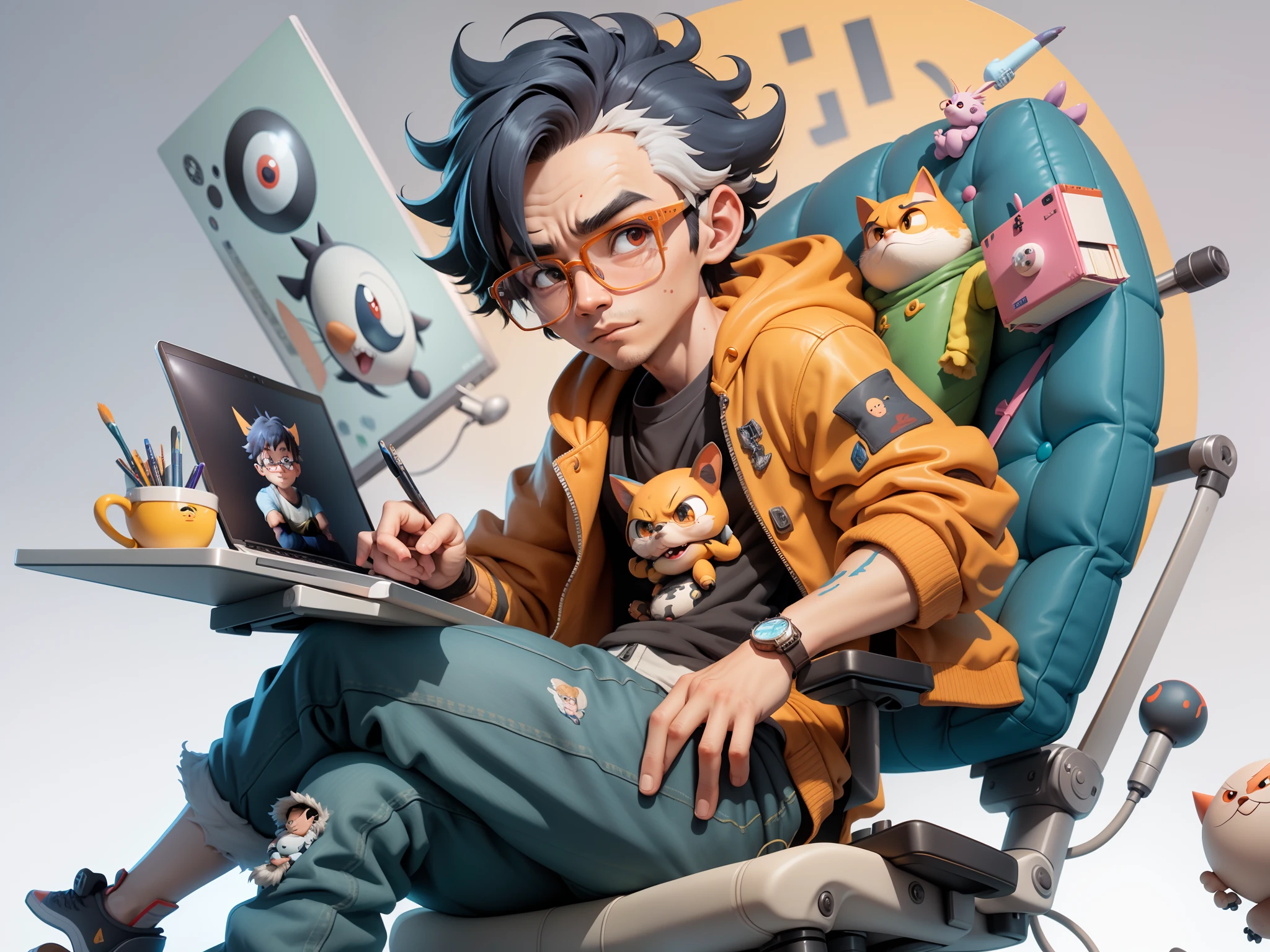 A young man with glasses sits at his desk，holding laptop，digitial painting，3D character design by Mark Clairen and Pixar and Hayao Miyazaki and Akira Toriyama，4K HD illustration，Very detailed facial features and cartoon-style visuals。