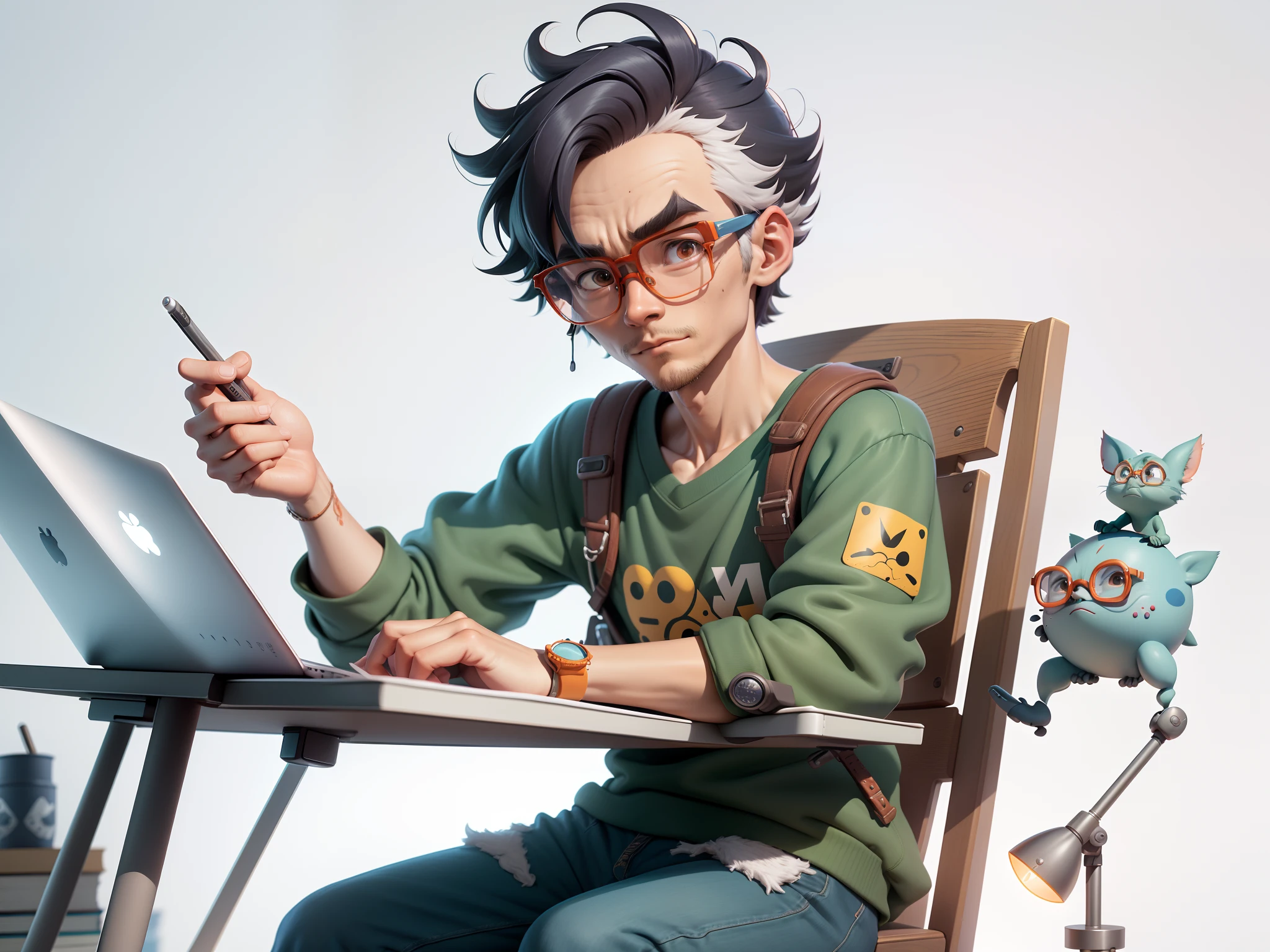 A young man with glasses sits at his desk,holding laptop,digitial painting,3D character design by Mark Clairen and Pixar and Hayao Miyazaki and Akira Toriyama,4K HD illustration,Very detailed facial features and cartoon-style visuals。
