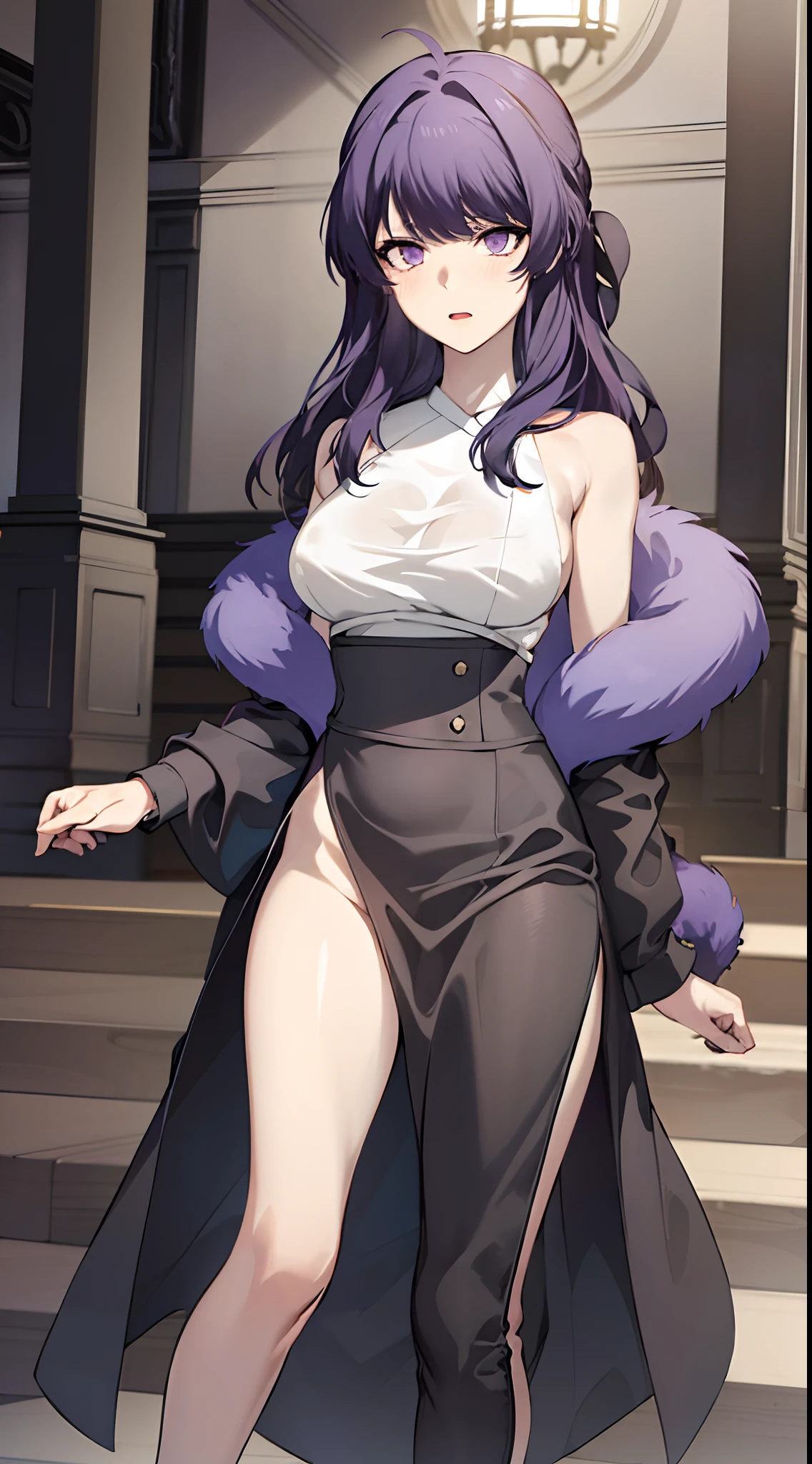 1girl, solo, long hair, dress, purple eyes, purple hair, Anastasia_Zelenska, ((masterpiece)), ((best quality)), blush, nsfw, naked, breasts, medium breasts, nude, bare naked