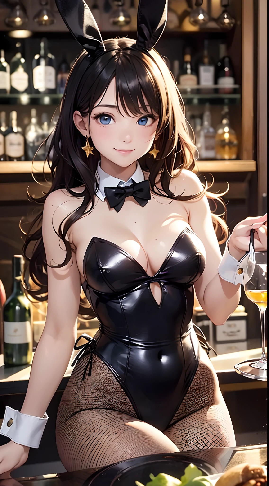 (top-quality、in 8K、32K、masterpiece、nffsw、ighly detailed、Impresionismo、Photorealsitic:1.2)、Full body, (a bar counter、shop front:1.4)、deep-shadows、detailed faces and eyes、beauitful face、blurry backround、20-year-old beauty、shinny skin, Beautiful wavy golden hair、 poneyTail、Blue eyes、beauitful face、blurry backround、Playboy Bunny Girl、High-cut leotards、a bow tie、White cuffs、Thighs wrapped in fishnet stockings、Black rabbit ears、Have a tray of liquor、sit on the table、Shy smile、Curve、