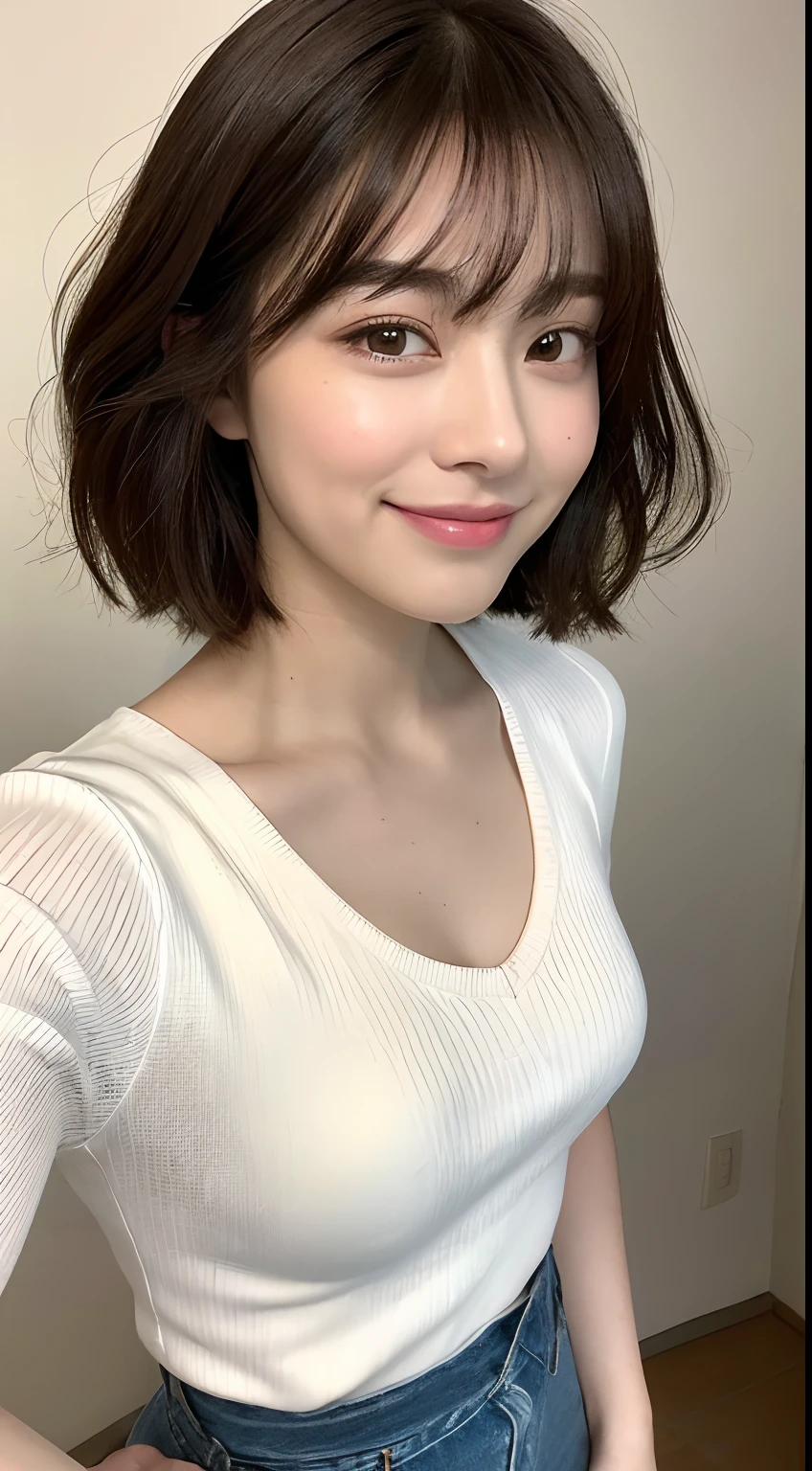 (8K、Raw photography、top-quality、masuter piece:1.2)、ultra-detailliert、ultra res、(realisitic、rialistic photo:1.37)、portlate、high-definition RAW color photography、Professional Photography、highly detailed and beautiful、ighly detailed、8K Picture Wallpaper、amazing detailed、huge filesize、Official art、Highly detailed CG Unity 8K wallpapers、highly detailed beautiful girl、extra detailed face、extremely detailed eye、highlydetailed skin、extremely detailed fingers、highly detailed nose、very detailed detailed mouth、Perfect Anatomy、highly detailed back ground、Highly detailed clothing、女の子 1 人、(18:1.2)、Teen、Cute little girl s、famous Japan idol、cute little、Realistic body、小柄、de pele branca、glistning skin、Slim body、Handsome body、brown haired、short constricted curly hair、(Blunt bangs:1.2)、A smile、kawaii、zora々Right、kawaii faces、Lifelike face、Delicat eyes、Sauce order、White T-shirt、skirt by the、耳Nipple Ring、Looking at the camera、cowboy shot、front facing、Standing、Contrapo, high street, public, 动态照明,short-hair、bobhair