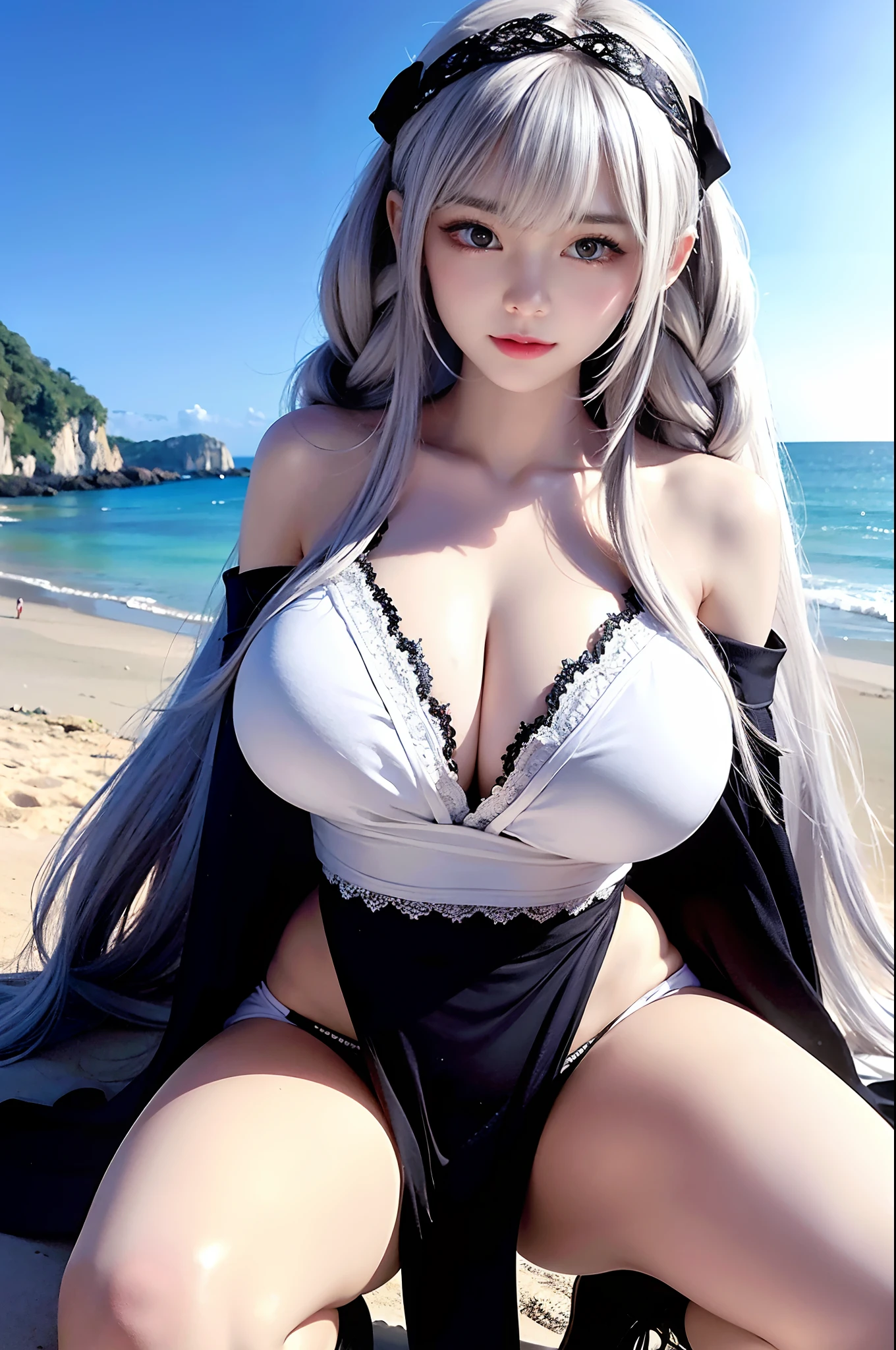 masterpiece, best quality, dusk, on the beach, huge_filesize, wallpaper, girl, bishoujo, , very long hair, white hair, hair down, drill hair, twin braids, white hairband, perfect body, nose blush , angry, eyelid pull , white colored eyelashes, heterochromia , heart in eye, hand on own chest, large breast, squatting, back-to-back, whitedress, robe, cape, crop top, black garter belt, lace-trimmed legwear, chains, ,