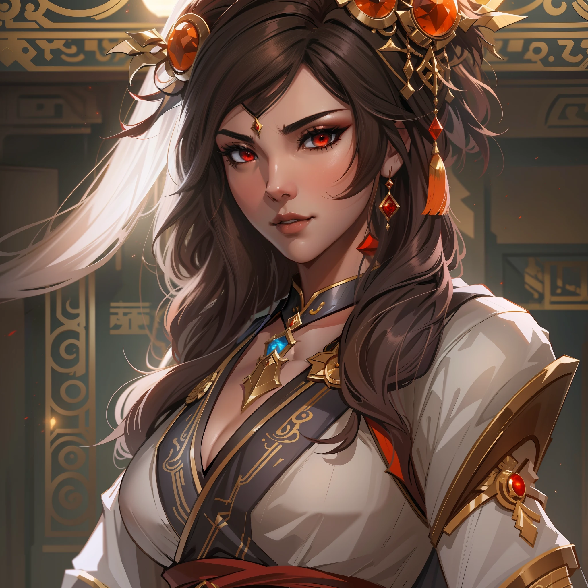 a close up of a strong amazon woman in her 30's, with red eyes and brown hair, wearing a black and red belly dancer attire, a heroine with red eyes, female mage with sun power, middle-eastern princess, standing in a middle-eastern temple, new costume concept design, in the style of blade and soul, full body character concept, detailed character design, inspired by Yang Jin, inspired by Li Mei-Shu, chinese costume, inspired by Lan Ying, inspired by Sim Sa-Jeong, inspired by Li Tang, lunar themed attire, costume with orange accents, inspired by Ju Lian, colored concept art, highly detailed character design, highly detailed face, inspired by Ai Xuan, very highly detailed face, unreal engine render, final fantasy 14 style, inspired by Leng Mei