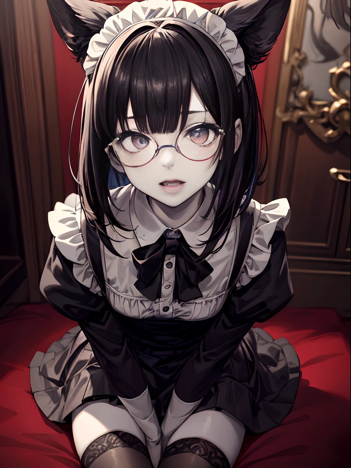 1girl in, [Twin-tailed], Shaded face, Maids, Crazy, skirt rift, pantiy, [self lift]、eye glasses、put on glasses、eye glass、bob cuts、all-fours、yes、A dark-haired、Blunt bangs、Red brilliant eyes、Sexy、Nasty face、Sitting,hand between legs,maid, over-kneehighs,Ahegao , Silly,Sexual ecstasy,Drunken eyes,Blunt bangs, Black hair,(masutepiece:1.2, Best Quality), (finely detailed beautiful eye: 1.2), (Detailed background,Dark Fantasy), (beautifull detailed face), High contrast, (Best Illumination, extremely delicate and beautiful), ((Cinematic Light)), Colorful, Hyper Detail, Dramatic light, Intricate details,