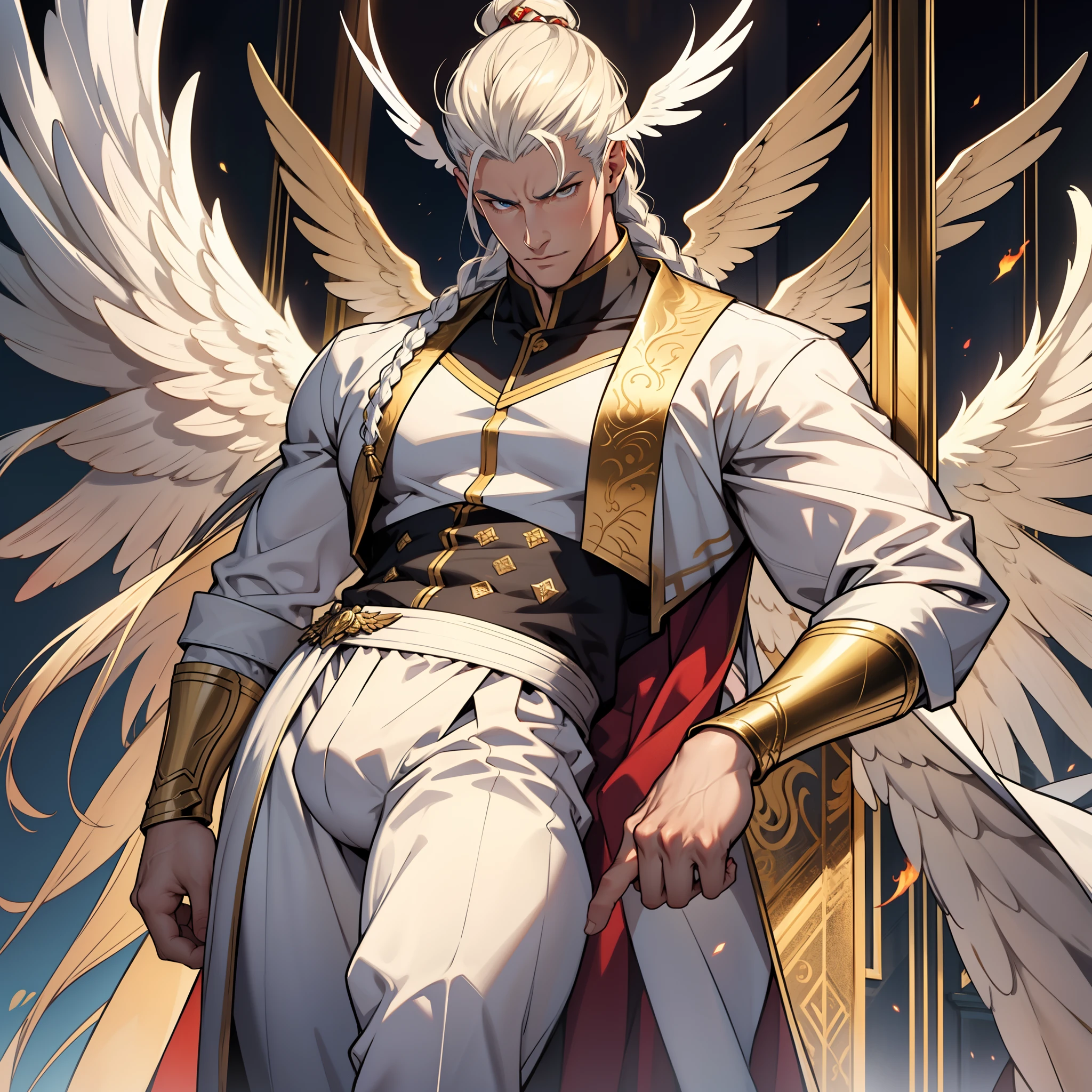 Caius is a handsome male, stands at 7ft tall. He has an athletic body structure. He wears royal attire thats silver and gold. He has beautiful long white silky hair and a golden eye color. He is seen with a staff. He has huge white wings. A big bulge in his pants. White Phoenix human form. His hair is braided back. Bara. Roman nose. Muscular. Defined jawline. White flames. White fire. Palace