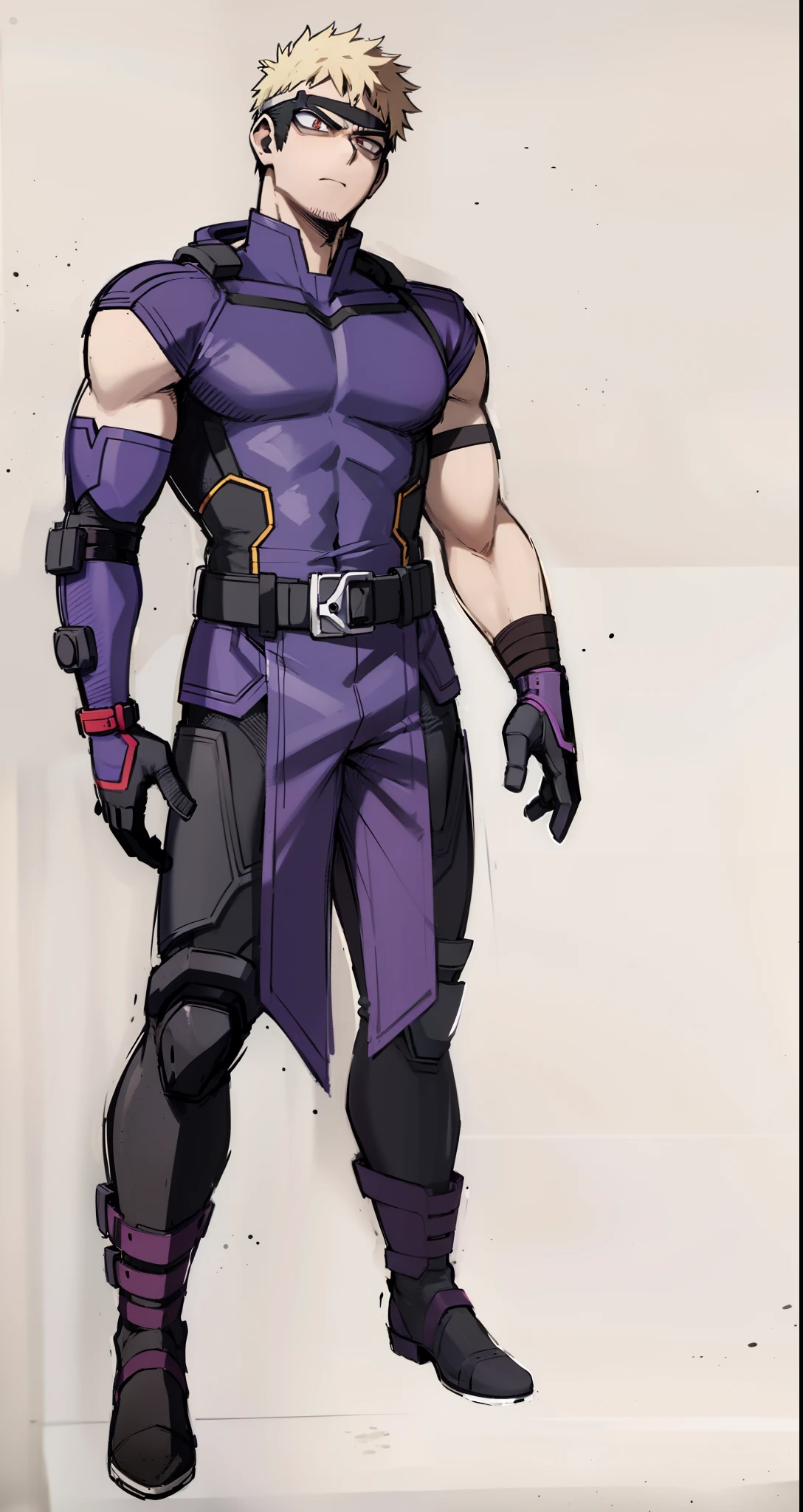 My Hero Academia style, anime boy, male, young male, trending on artstation pixiv, (full body shot:0.5), Masterpiece, fullbody suit, Hero costume, purple suit, black knee pads, black elbow pads, black knee pads, black shin pads, black ankle boots, black gloves, head covering, hooded head, black hood, brown eyes, Dark-skinned male, Brown Skin, background, black background, double tone background, purple background,