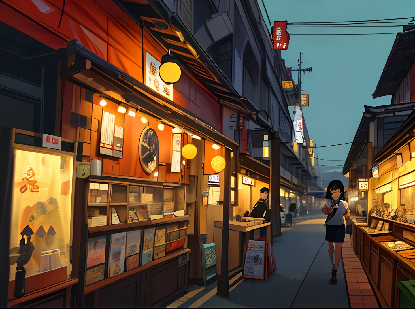 A young woman named Yang Feiyue、Nestled in the nostalgic city of Showa in a bustling Japan, Contemporary Rough T-Shirt and Jeans、Holding a movie flyer in your hand, Surrounded by stalls, There was anticipation and a slight smile on her face., ,In the style of the star art group Xing, 32K, Best Quality, masutepiece, Super Detail, high details