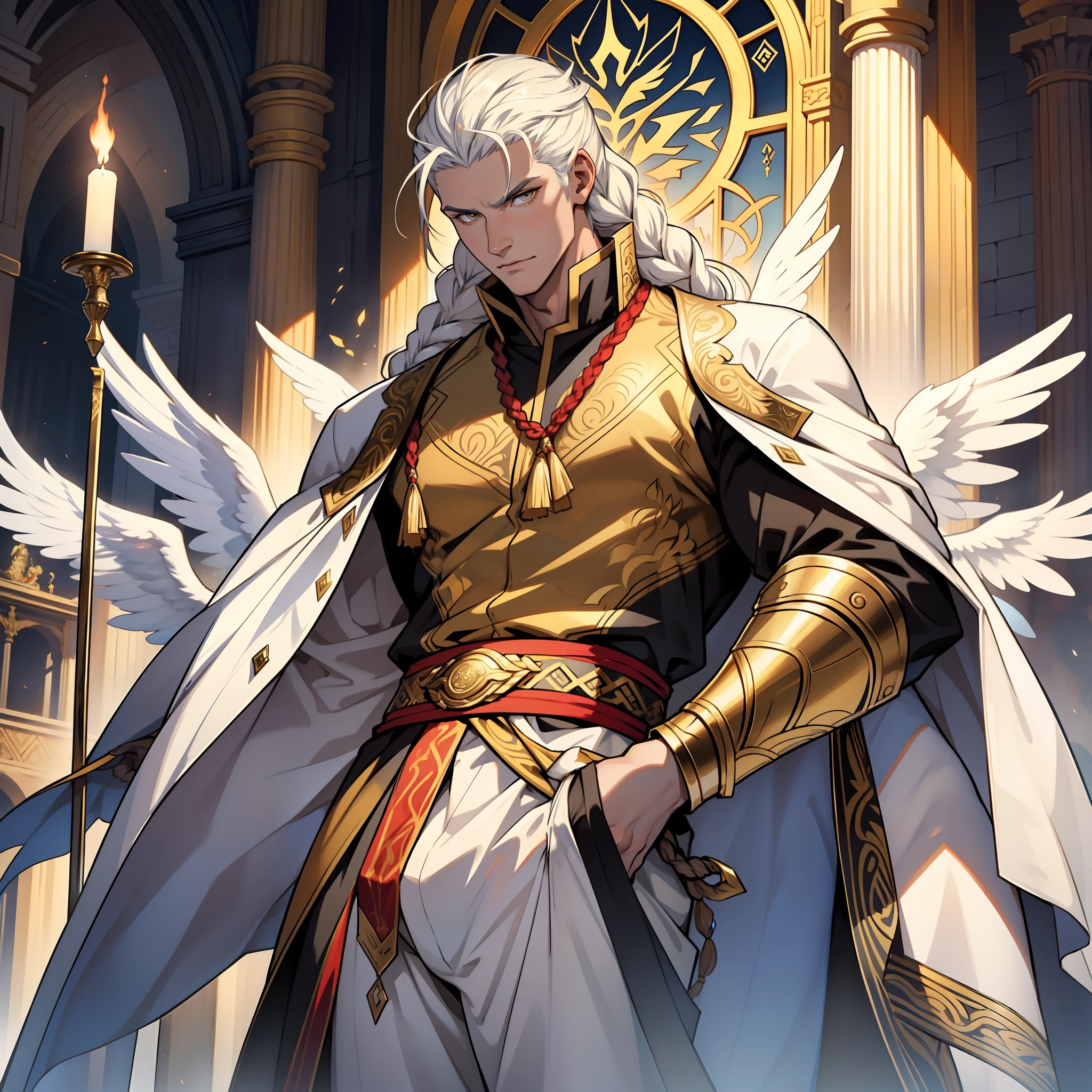 Caius is a handsome male, stands at 7ft tall. He has an athletic body structure. He wears royal attire thats silver and gold. He has beautiful long white silky hair and a golden eye color. He is seen with a staff. He has huge white wings. A big bulge in his pants. White Phoenix human form. His hair is braided back. Bara. Roman nose. Muscular. Defined jawline. White flames. White fire. Palace