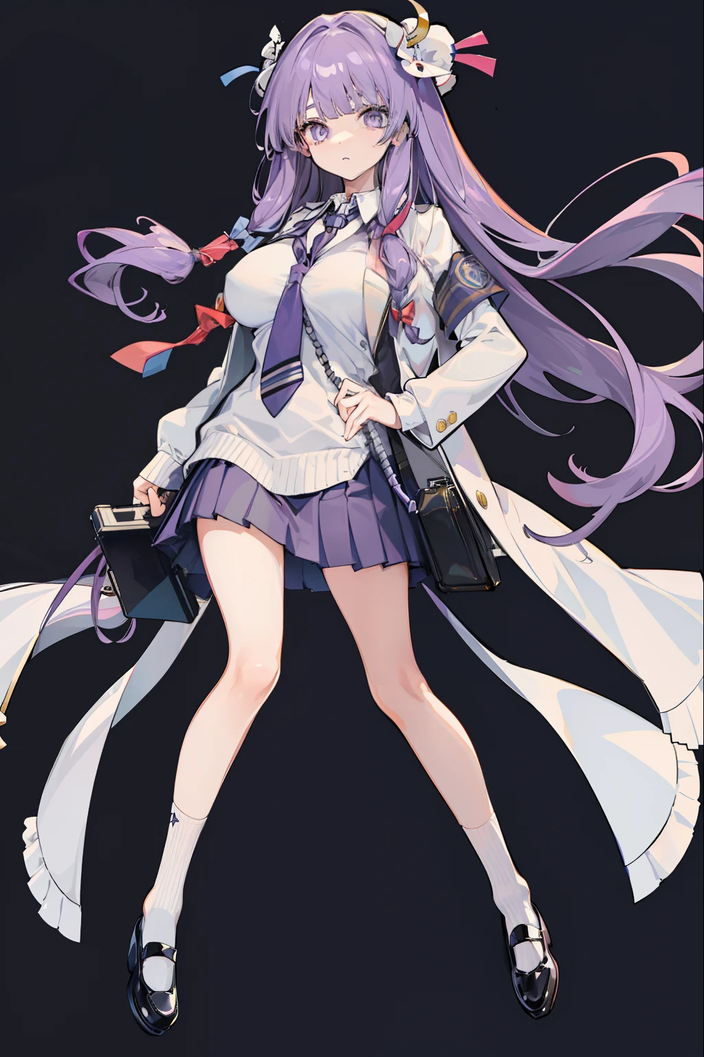 Depiction of a long-haired young woman with a briefcase, one girl, solo, patchouli knowledge, school uniform, Gohei, skirt, shoes, white school uniform, white polo shirt, blue tie, blue pleated skirt, socks, Mary Janes , School background, Alternate costume, Long sleeves, Rolled sleeves, Purple hair, Whole body, Looking at viewer, Long hair, Big breasts