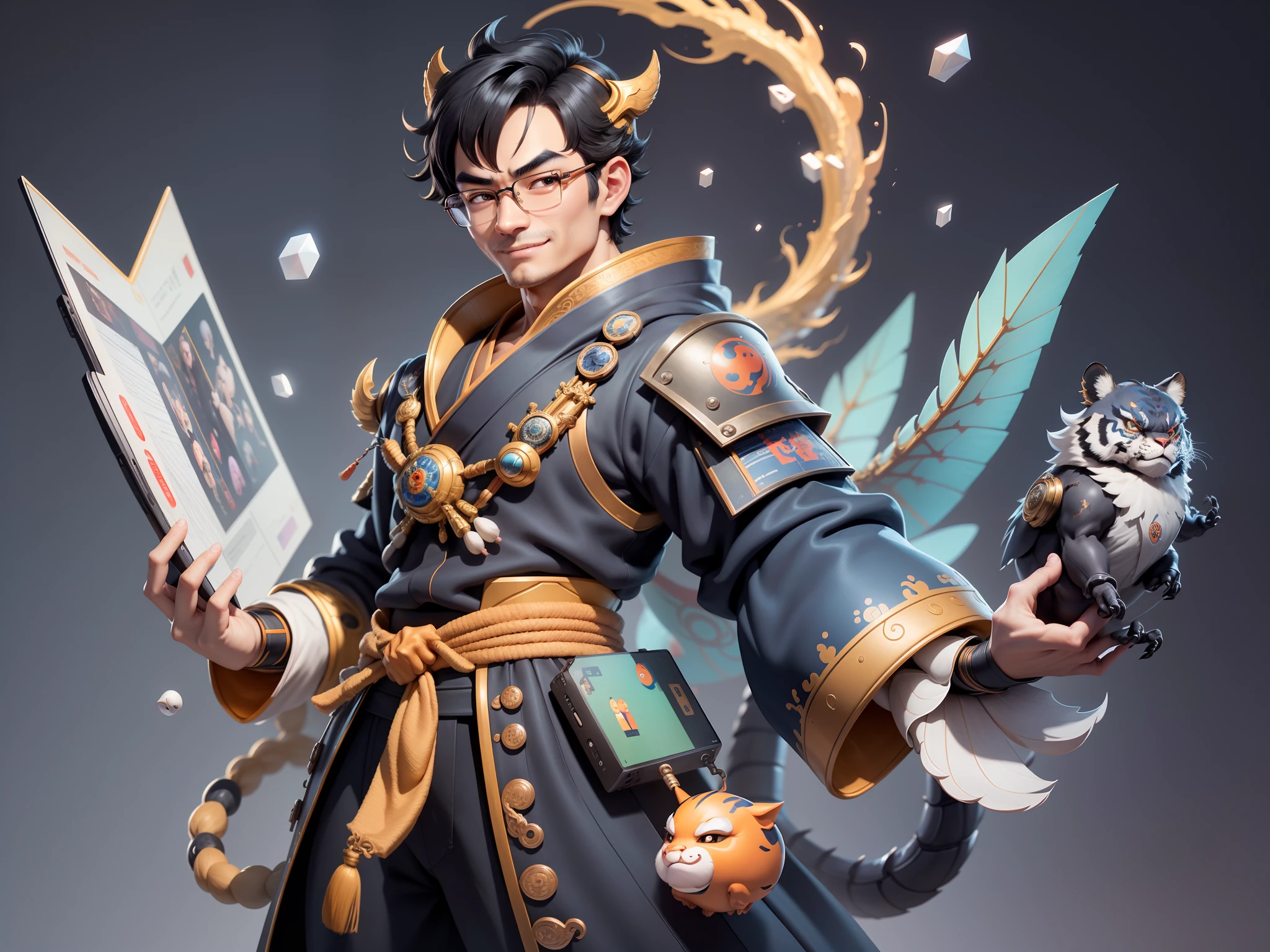 (Masterpiece), (Excellent), (Super Meticulous), (Full Body: 1.2), Super Young Man with Japanese Female Geisha, Pretty, Beautiful, Chinese Dragon, Tiger, Wind God Thor, Sexy, Bursting, Oriental Face, TV Anchor, Bust Portrait Illustration, Black Suit, Blue Tie, Slightly Chubby Face, Silver Glasses, Very Clean Face, No Beard on Chin, Black Super Short Hair, Black Eyes, Confident Smile, 3c Computer Sub-Products, iPad, iPhone, Digital Painting, 3D character design by Mark Clairedon and Pixar and Hayao Miyazaki and Akira Toriyama, the illustrations are HD illustrations in 4K resolution with highly detailed facial features and cartoon-style visuals.