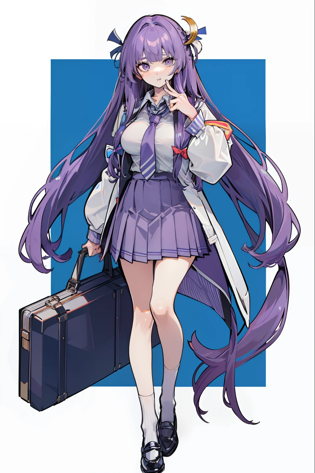 Depiction of a long-haired young woman with a briefcase, one girl, solo, patchouli knowledge, school uniform, Gohei, skirt, shoes, white school uniform, white polo shirt, blue tie, blue pleated skirt, socks, Mary Janes , School background, Alternate costume, Long sleeves, Rolled sleeves, Purple hair, Whole body, Looking at viewer, Long hair, Big breasts