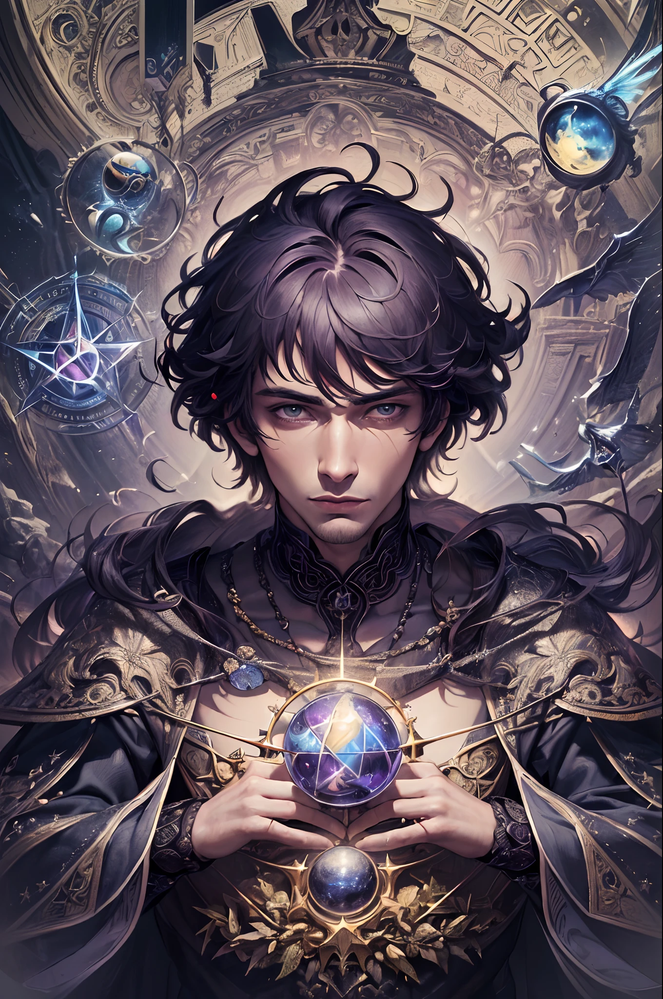 (masterpiece, best quality:1.4),(absurdres, highres, ultra detailed:1.2), (1 handsome man:1.4),(using dark magic:1.4),purple magic,playful illustrations, imaginative overlays, artistic fusion,fantastical scenes, evocative narratives, striking visuals, upper body