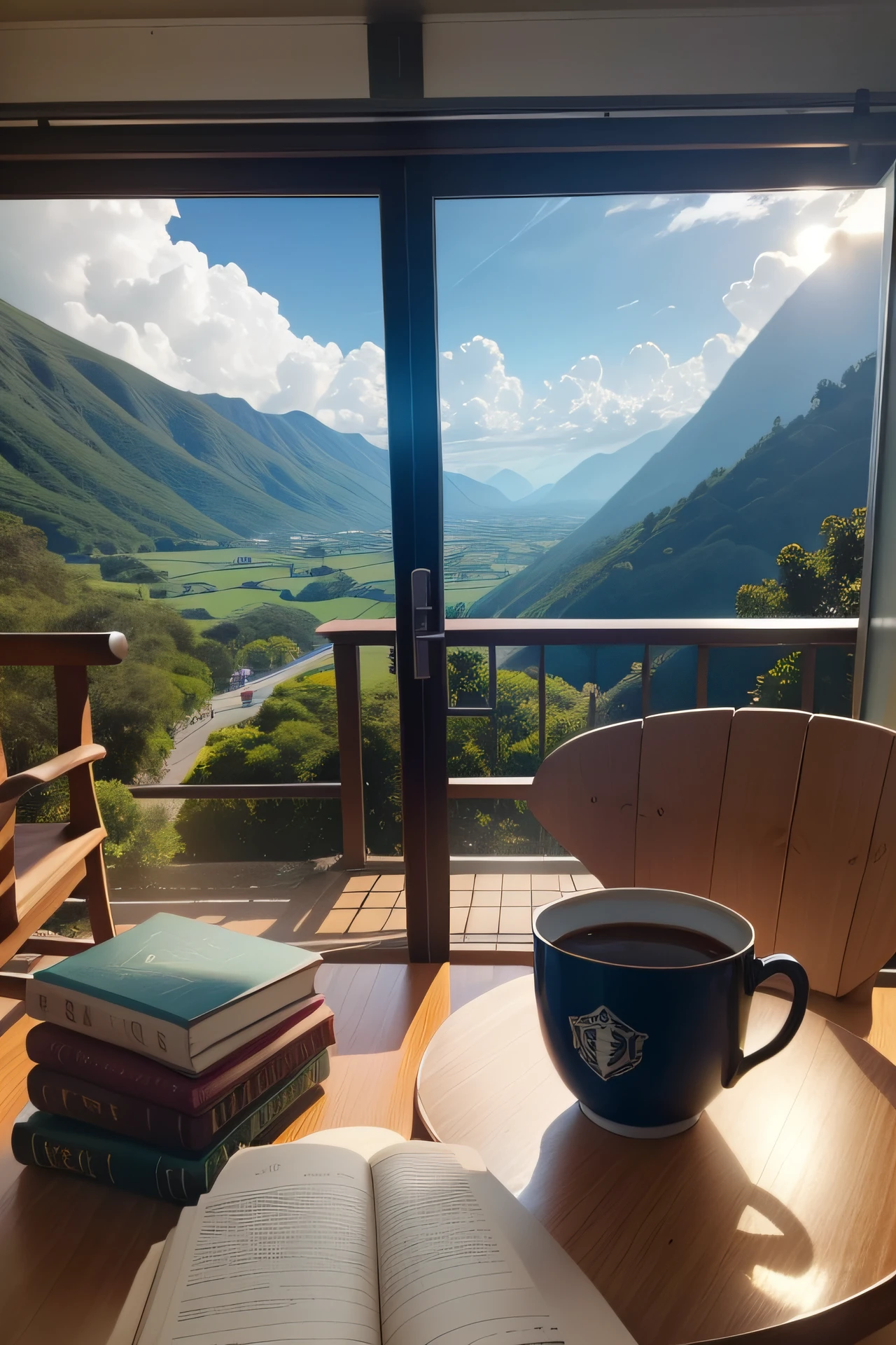 uma grande biblioteca com centenas de livros com uma garota sentada no meio do corredor lendo um livro com uma grande janela com vistas para as montanhas