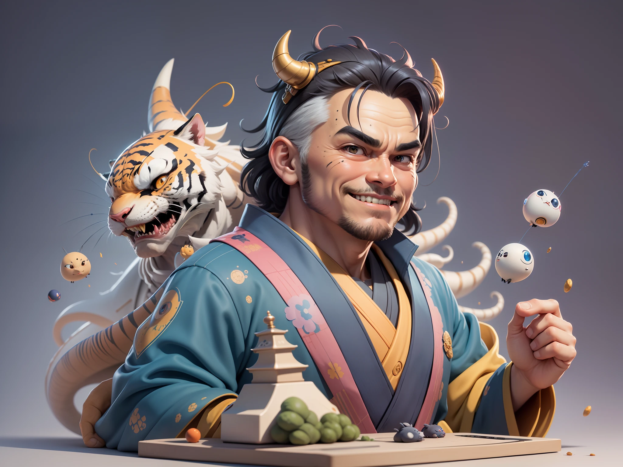 (Masterpiece), (Excellent), (Super Meticulous), (Full Body: 1.2), Super Young Man, Oriental Face, Japanese Kimono, Japanese Wind Thunder God, Dragon, Tiger, TV Anchor, Bust Portrait Illustration, Alone, Black Suit, Blue Tie, Slightly Chubby Face, Very Clean Face, No Beard, Black Super Short Hair, Black Eyes, Confident Smile, 3c Computer Sub-Products, iPad, iPhone, Digital Painting, 3D Character Design by Akira Toriyama and Mark Claireden and Pixar and Hayao Miyazaki, The illustration is a high-definition illustration in 4K resolution with very detailed facial features and cartoon-style visuals.
