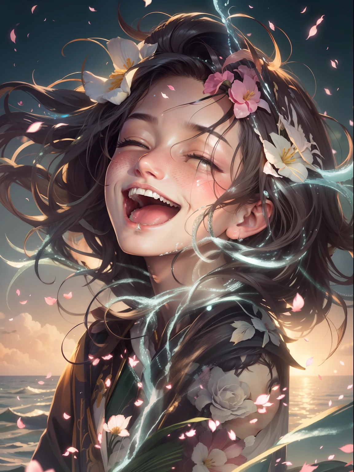 With the male gods、laughing heartily、Behind it is a sea of flowers