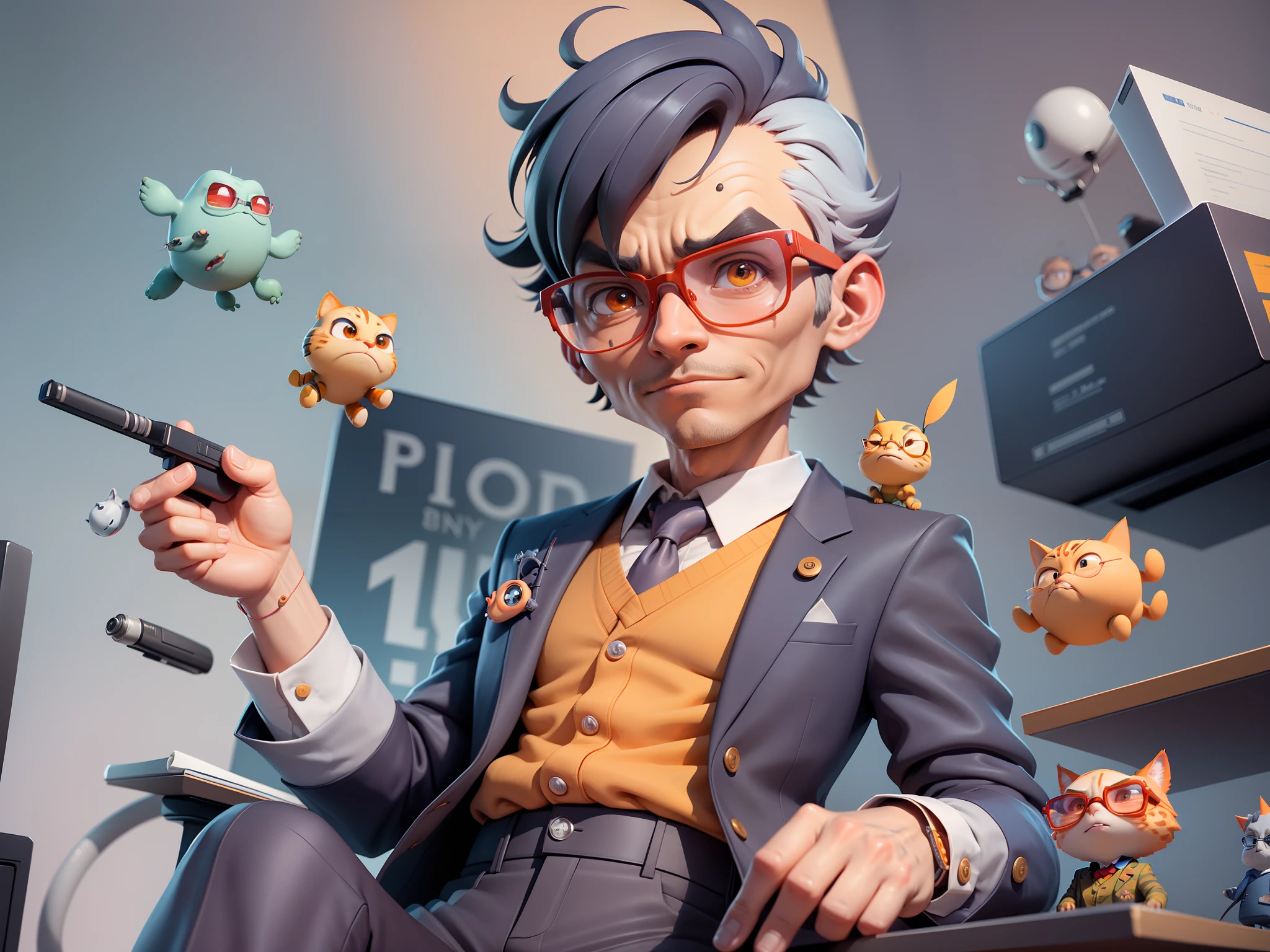 A young man in a suit, Short hair and glasses sat at his desk,holding laptop,digitial painting,tigre,3D character design by Mark Clairen and Pixar and Hayao Miyazaki and Akira Toriyama,4K HD illustration,Very detailed facial features and cartoon-style visuals。