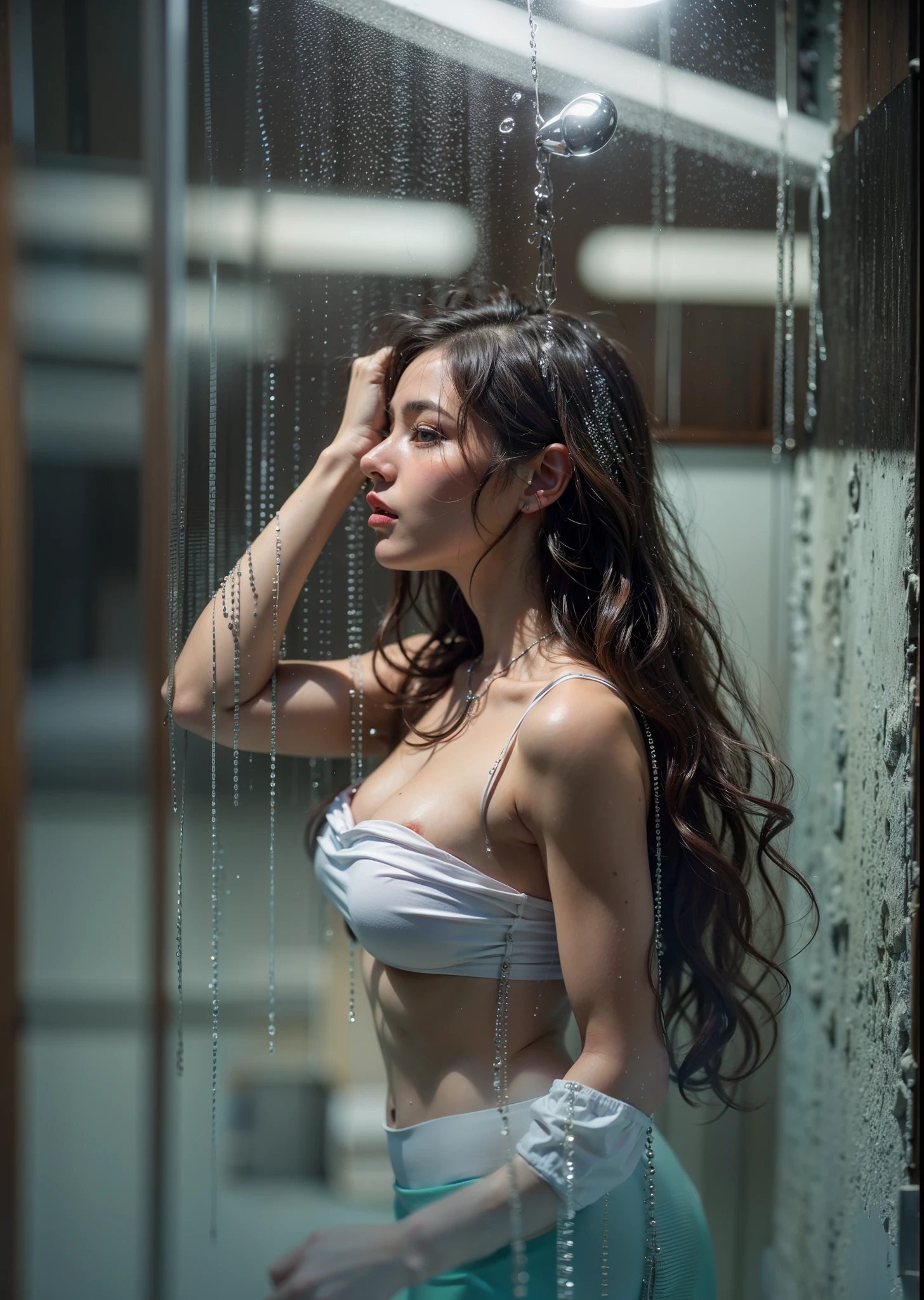 Mulher Novo realista provocante e linda no Box do banheiro (Jennifer Mendez), vista de cima, olhando de cima, de corpo inteiro, Ensaboada, Todos Enaboada, se esfregando gentilmente pelo corpo, Lascivo, hot, sexy, Chuveiro ligado, gushing water, dripping water on your body, corpo molhado, corpo suado, water running down your chest, seios grandes e arredondados (Kate Dee), fofos e ensaboados, Large melons, grandes tetas uma vista, Breasts Visible, seios descobertos (Alexa Pearl grandes seios adulto menina cam), light medium hair, loiros, loiros com raiz escurecida, Curly cut e brancos, cabelos brancos, olhos verdes esmeralda, Olhar Lascivo, boca entreaberta, close de cima, rosto com sardas, sardas no rosto, sardas nos seios, barriga sexy e com piercing, virilha exposta, tribal tattoo all over the arm, tatuagem detalhada e realista, bela tatuagem tribal, toda molhada, nua, totalmente nua, pele perfeita, sem roupa, visible private parts, well visible, Cancro, pelos pubianos leves, pelada,  depilada,  exposed and well visible, pernas abertas, her legs are spread, sem pelos pubianos, Cancro, quadril largo, perfeita, natural  lightting, belo contraste, Sombras, 4k