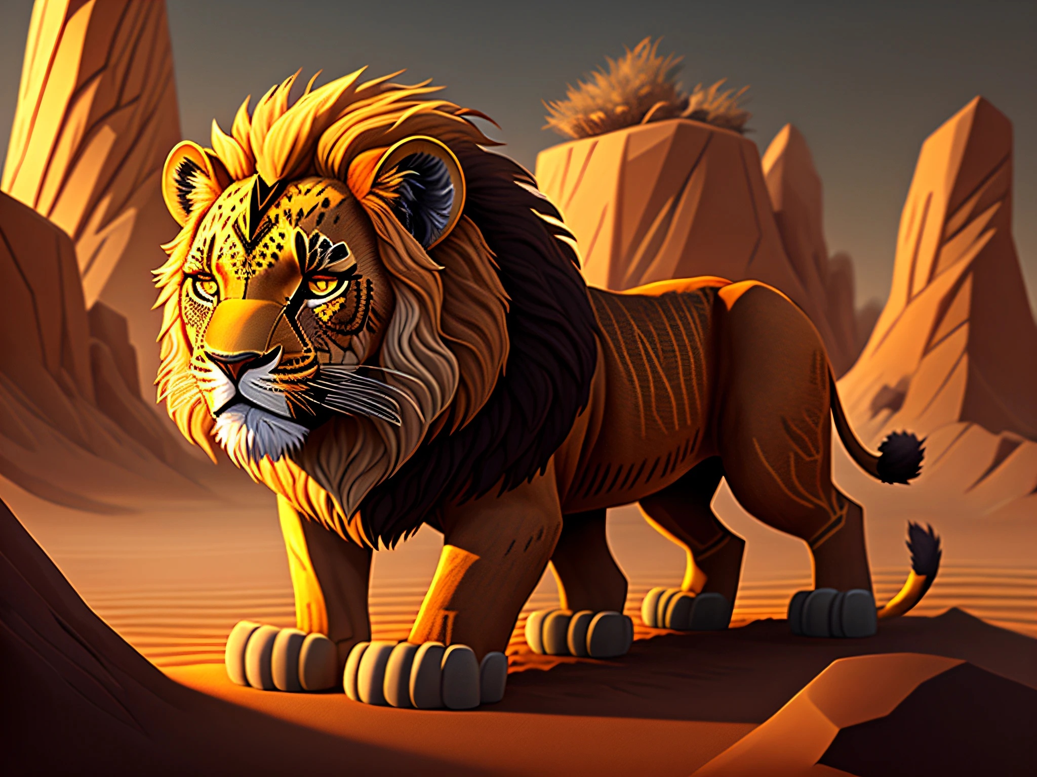 Fierce and mighty Lion King character，wildness，Sense of oppression，voluminetric lighting，exquisite detailing，Highly detailed,