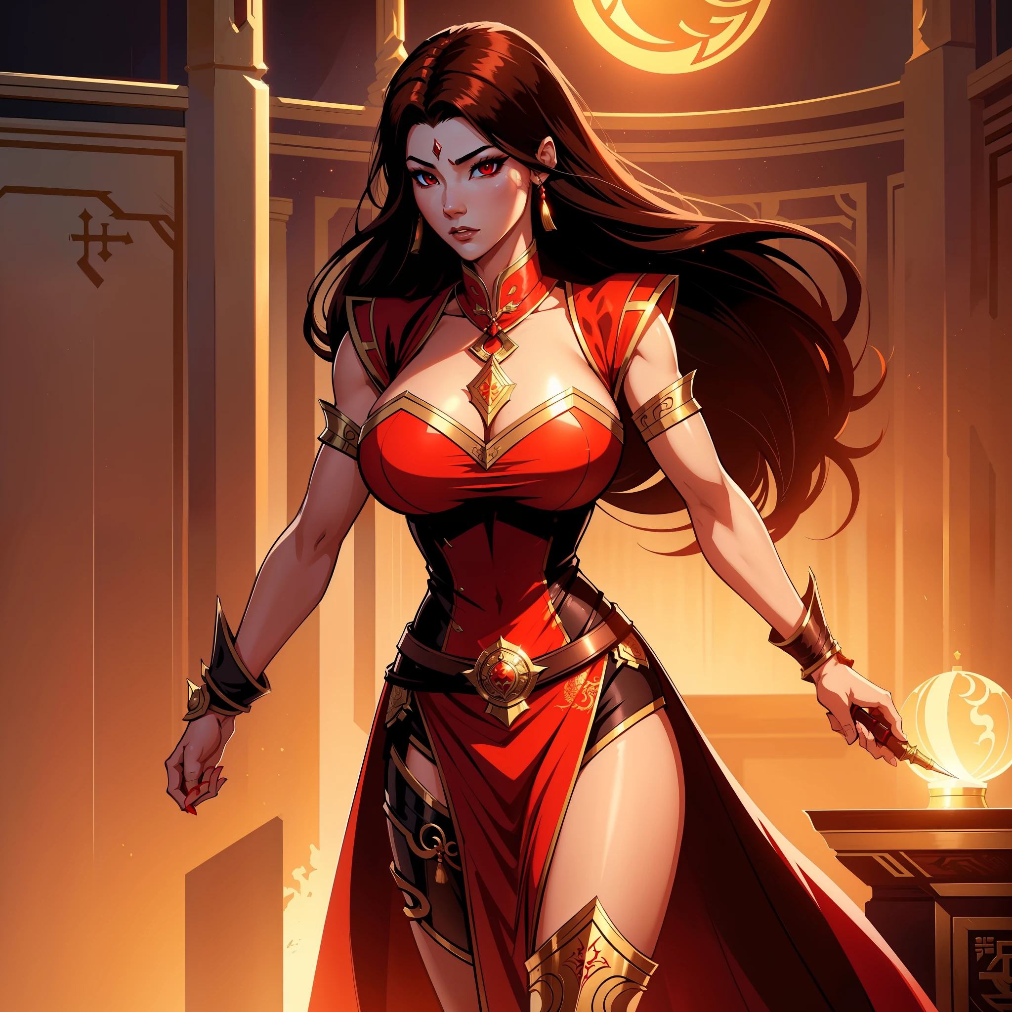 a close up of a strong amazon woman in her 30's, with red eyes and brown hair, wearing a black and red belly dancer attire, a heroine with red eyes, female mage with sun power, middle-eastern princess, standing in a middle-eastern temple, new costume concept design, in the style of blade and soul, full body character concept, detailed character design, inspired by Yang Jin, inspired by Li Mei-Shu, chinese costume, inspired by Lan Ying, inspired by Sim Sa-Jeong, inspired by Li Tang, lunar themed attire, costume with orange accents, inspired by Ju Lian, colored concept art, highly detailed character design, highly detailed face, inspired by Ai Xuan, very highly detailed face, unreal engine render, final fantasy 14 style, inspired by Leng Mei